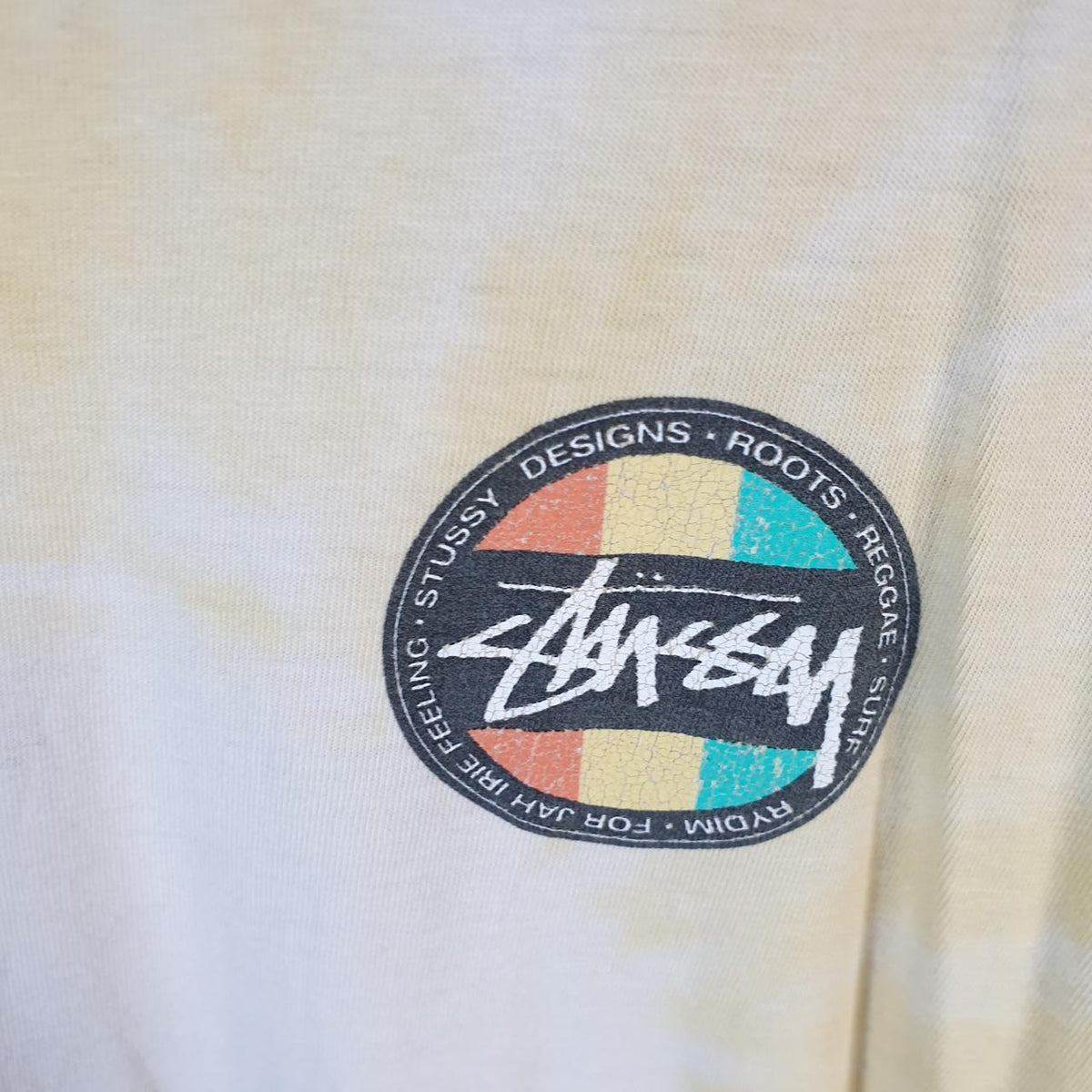 Vintage Stussy Feelin Irie Printed T Shirt Men’s Medium Tie Dye Graphic Short Sleeve Big Fish Vintage