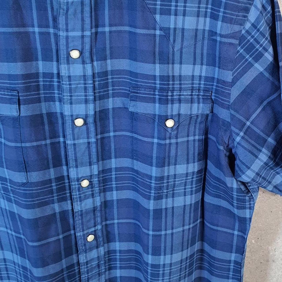 Vintage Ralph Lauren Button Down Shirt Men’s Medium Blue Checkered Indigo Oxford Fit Cotton Pocket Big Fish Vintage
