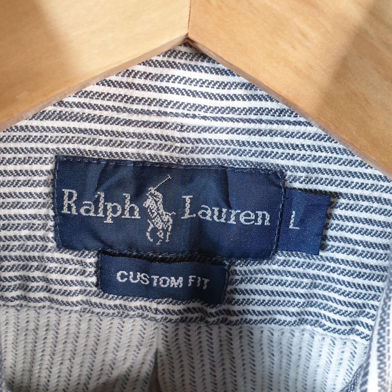 Vintage Ralph Lauren Button Down Shirt Men’s Large Grey Striped Custom Fit Cotton Pony Big Fish Vintage