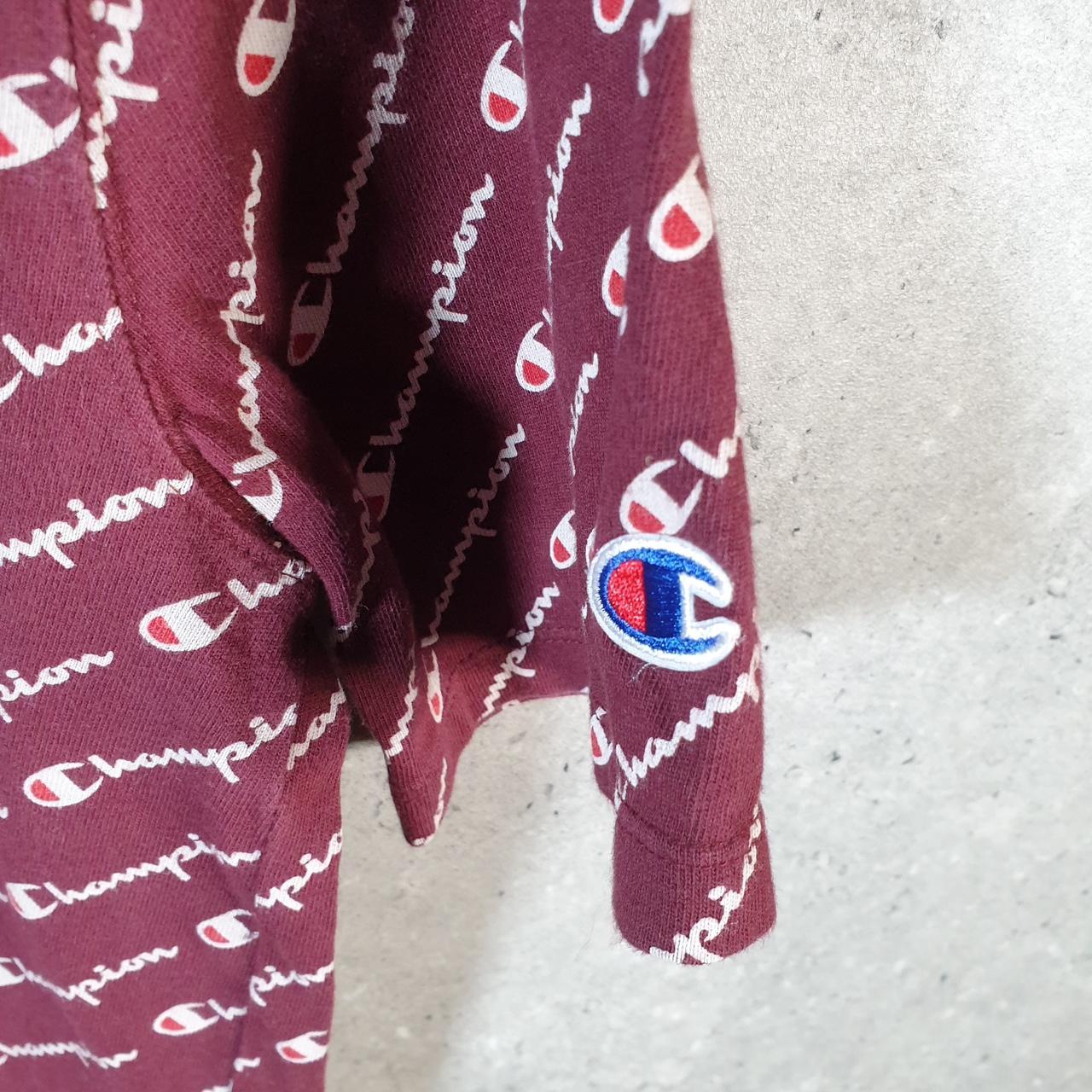 Vintage Champion AOP Spellout Logo T Shirt Mens Medium Burgundy Red USA Athletic