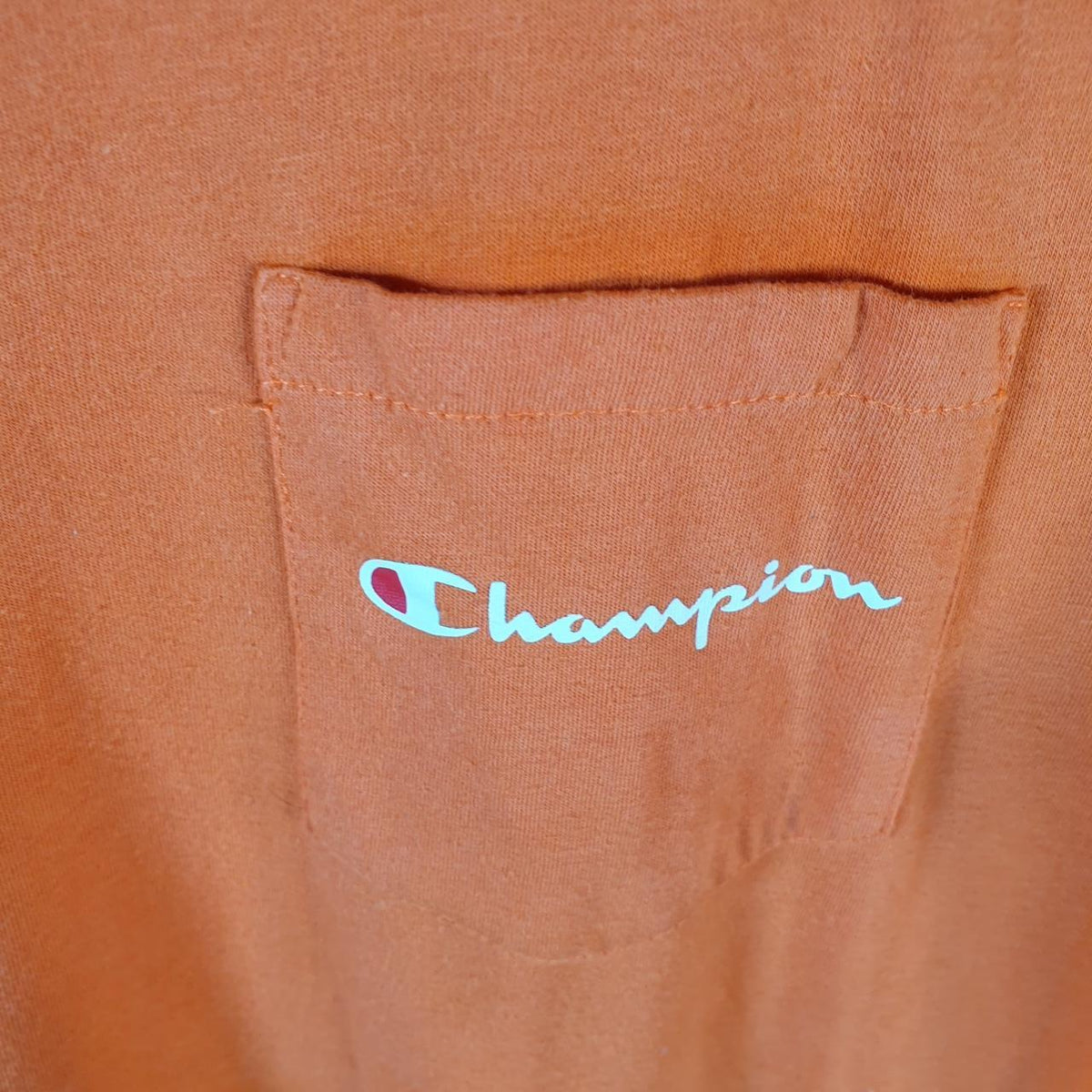Vintage Champion Embroidered Spellout T Shirt Men’s Small Orange USA Athletic