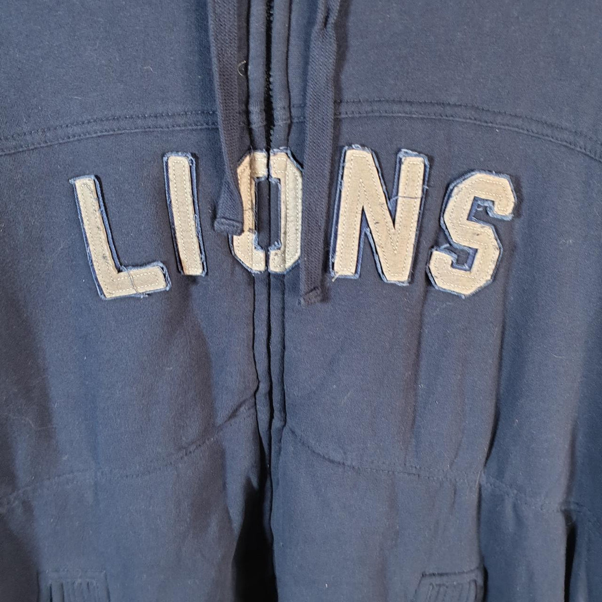 Vintage NFL Detroit Lions Hoodie Men’s Large Blue Full Zip Baggy USA Spellout Big Fish Vintage