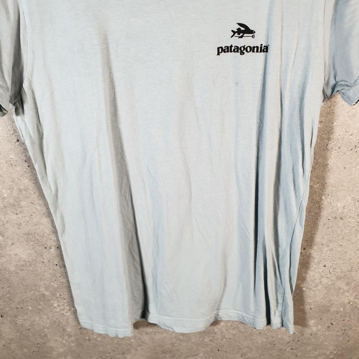 Vintage Patagonia Fish Surf Oil T Shirt Womens Large Blue Regular Fit Spellout Logo Big Fish Vintage