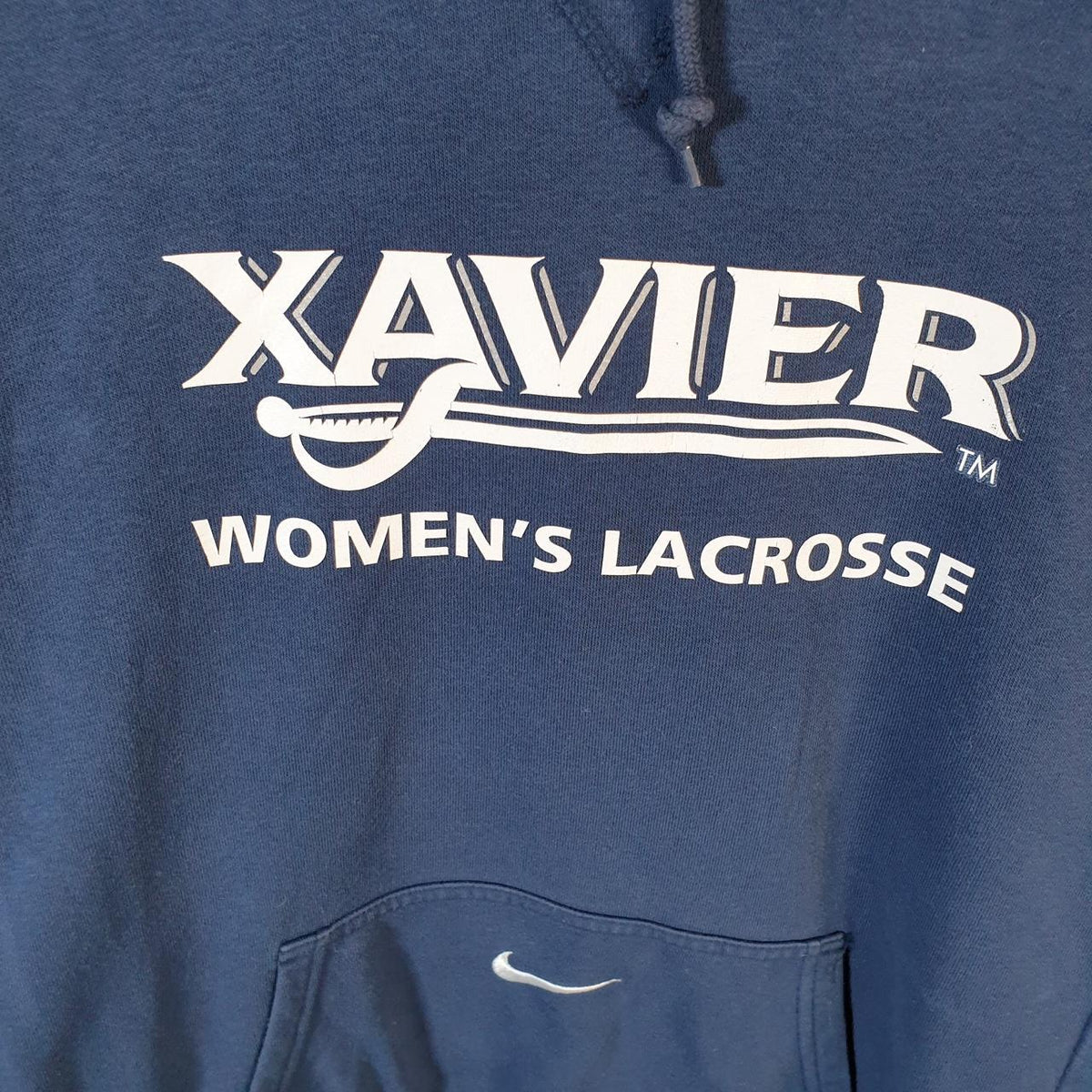 Vintage Nike Centre Swoosh Xavier Lacrosse Hoodie Men’s Small Navy Blue Swoosh Y2K