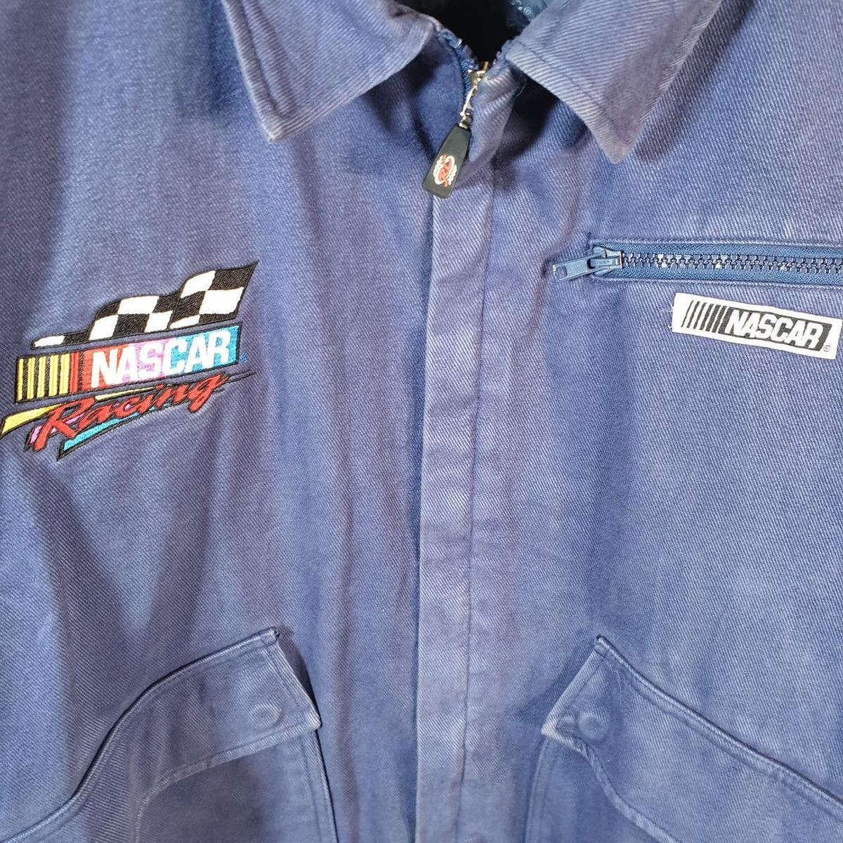 Vintage Nascar Racing Champions Motorsports Bomber Jacket Men’s Large Blue Motorcyle Biker USA Big Fish Vintage