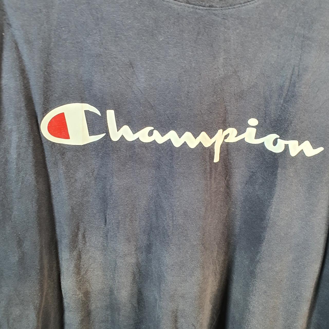 Vintage Champion Spellout Embroidered T Shirt Men’s 2XL Navy Blue Casual Blank Athletic