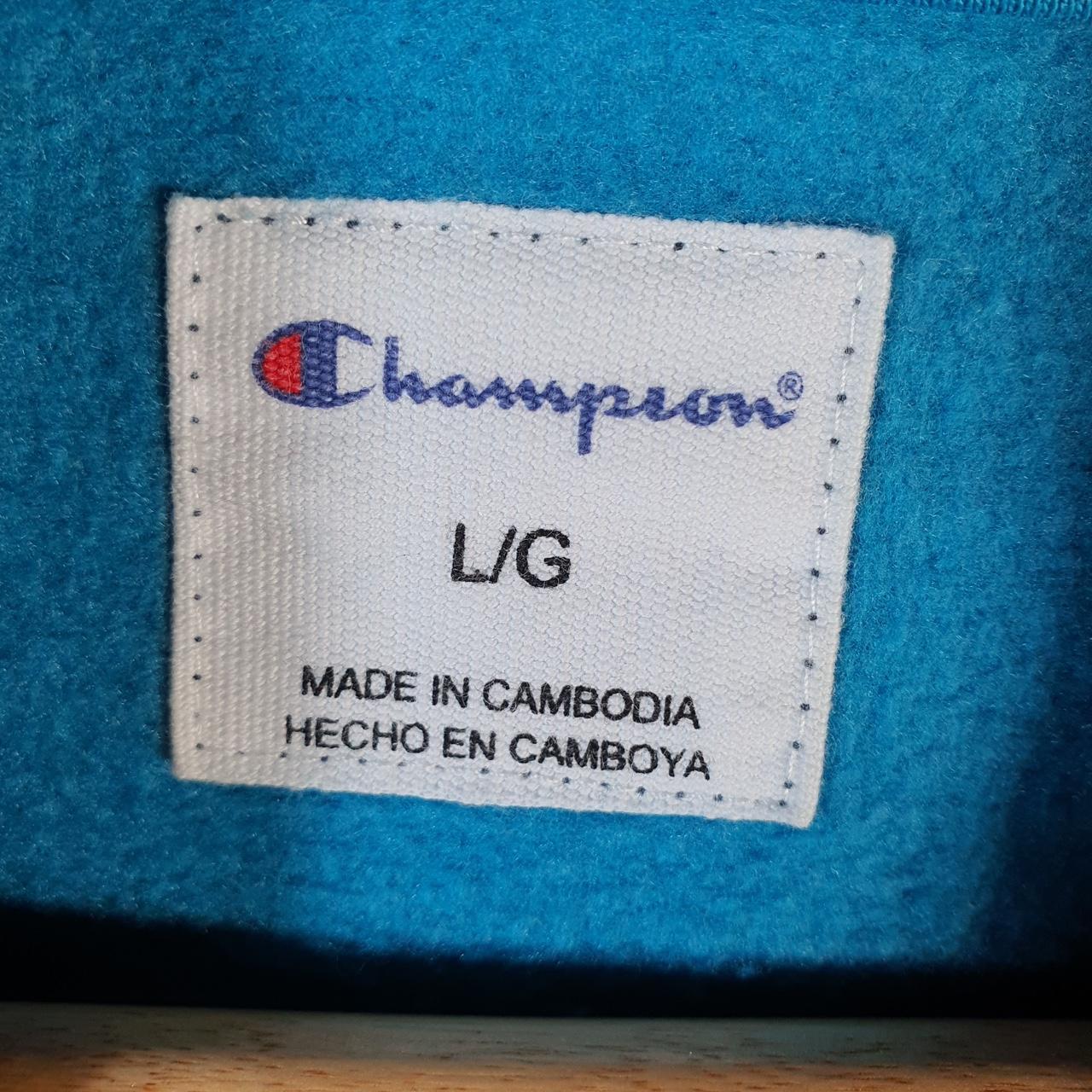 Vintage Champion Hoodie Womens Large Blue Tie Dye USA Pullover Spellout Logo