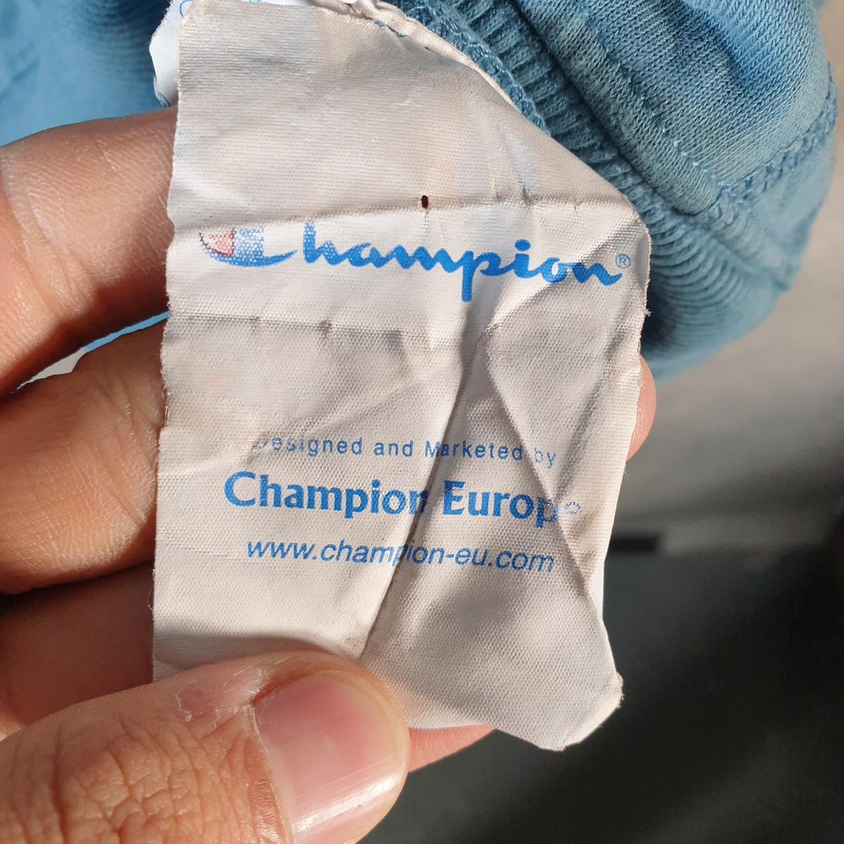 Vintage Champion Hoodie Womens Medium Blue Spellout Logo Pullover