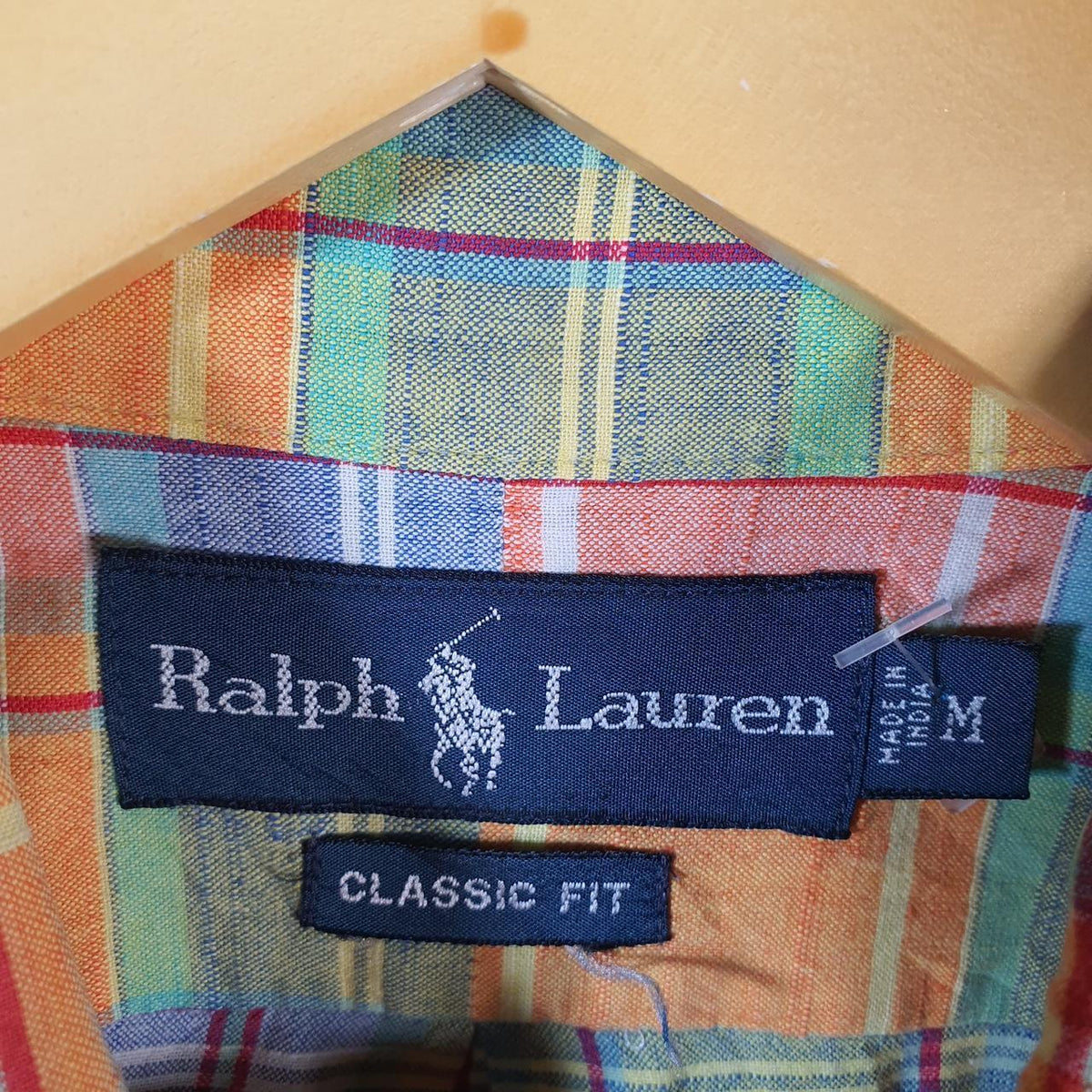 Vintage Ralph Lauren Button Down Shirt Men’s Medium Orange Checkered Classic Fit Cotton Pony