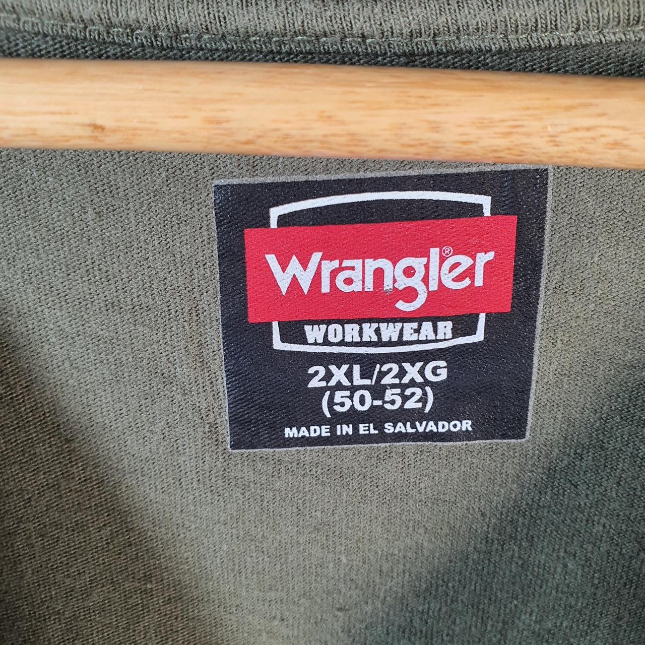 Vintage Wrangler Workwear T Shirt Men’s 2XL Khaki Green Logo Athletic Casual