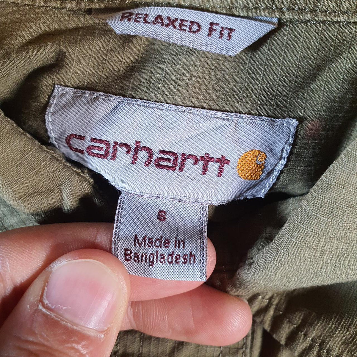 Vintage Carhartt Shirt Button Down Mens Small Khaki Green Short Sleeve Chore Utility Relaxed