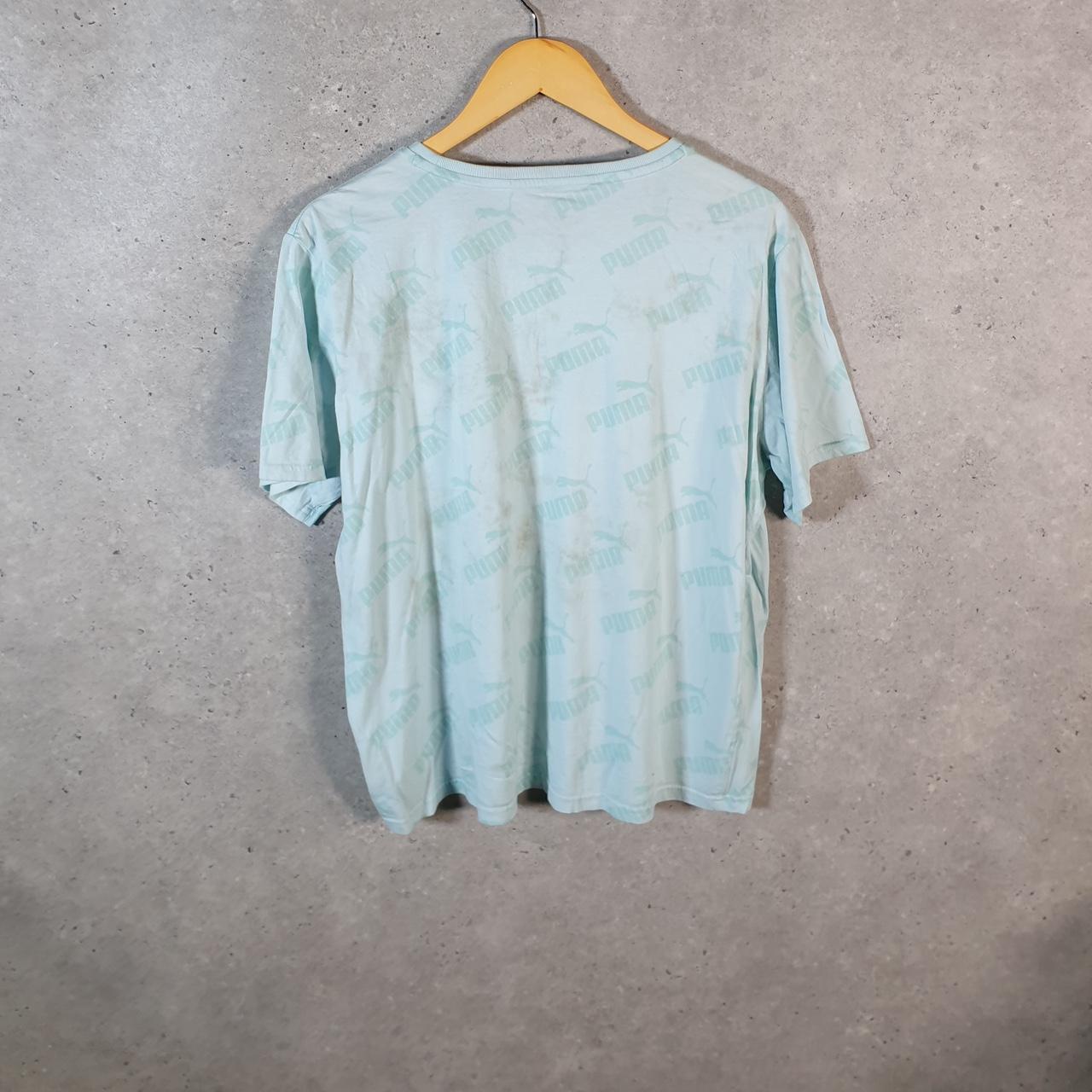 Vintage Puma Spellout T Shirt Womens Blue Large All Over Print Logo Athletic C9696