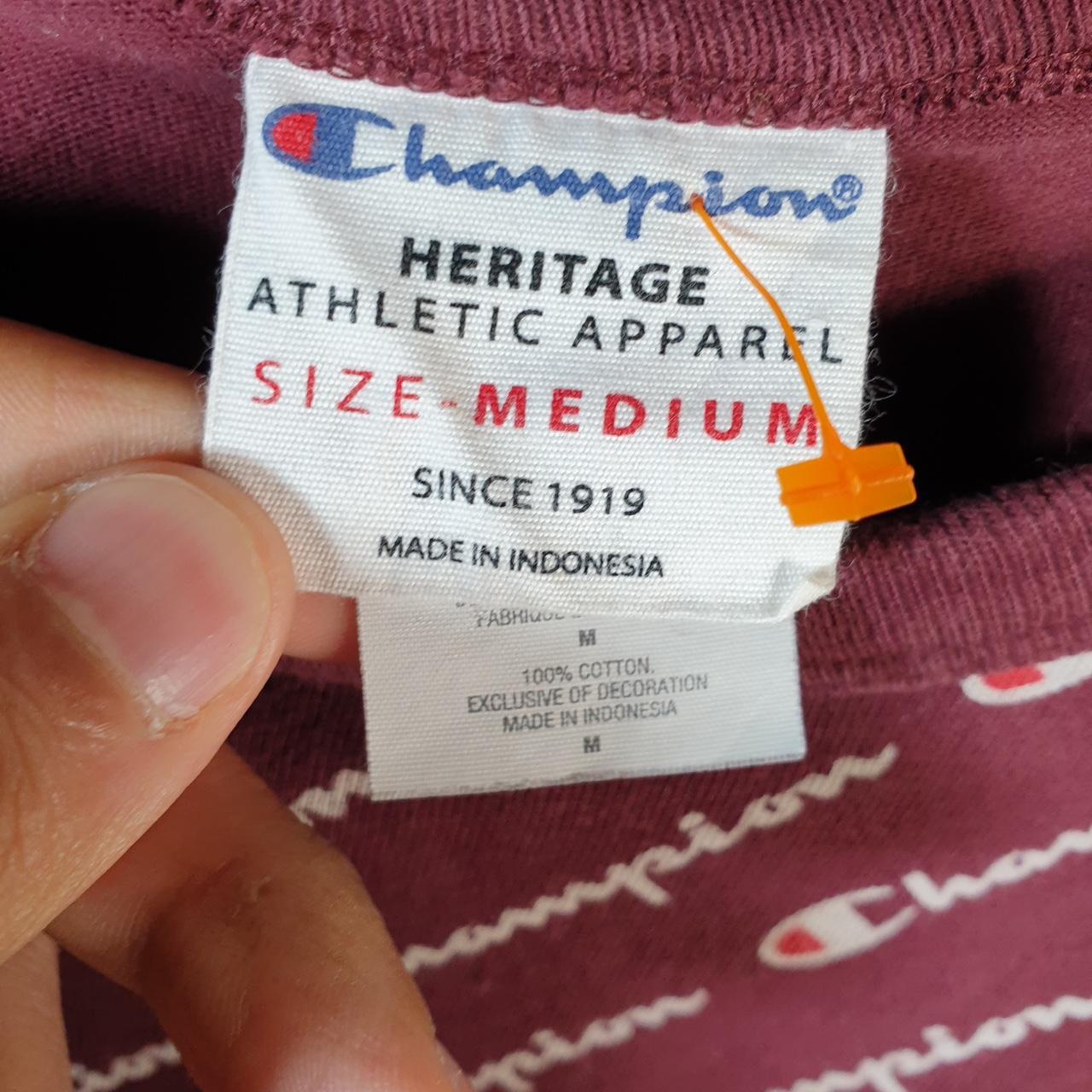 Vintage Champion AOP Spellout Logo T Shirt Mens Medium Burgundy Red USA Athletic