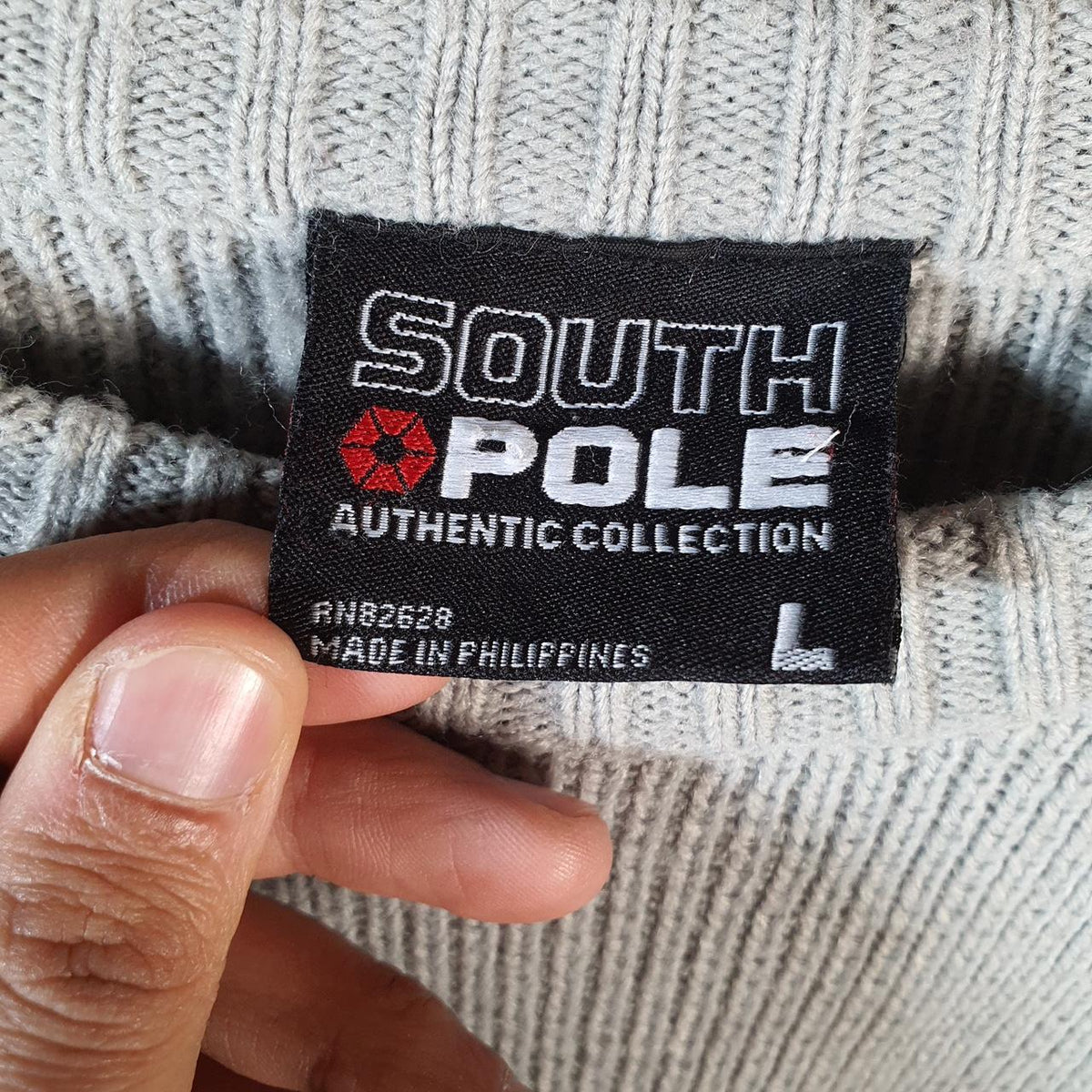 Vintage SouthPole Y2K Spellout Knit Sweater Jumper Mens Small Grey Striped Pullover Hip Hop