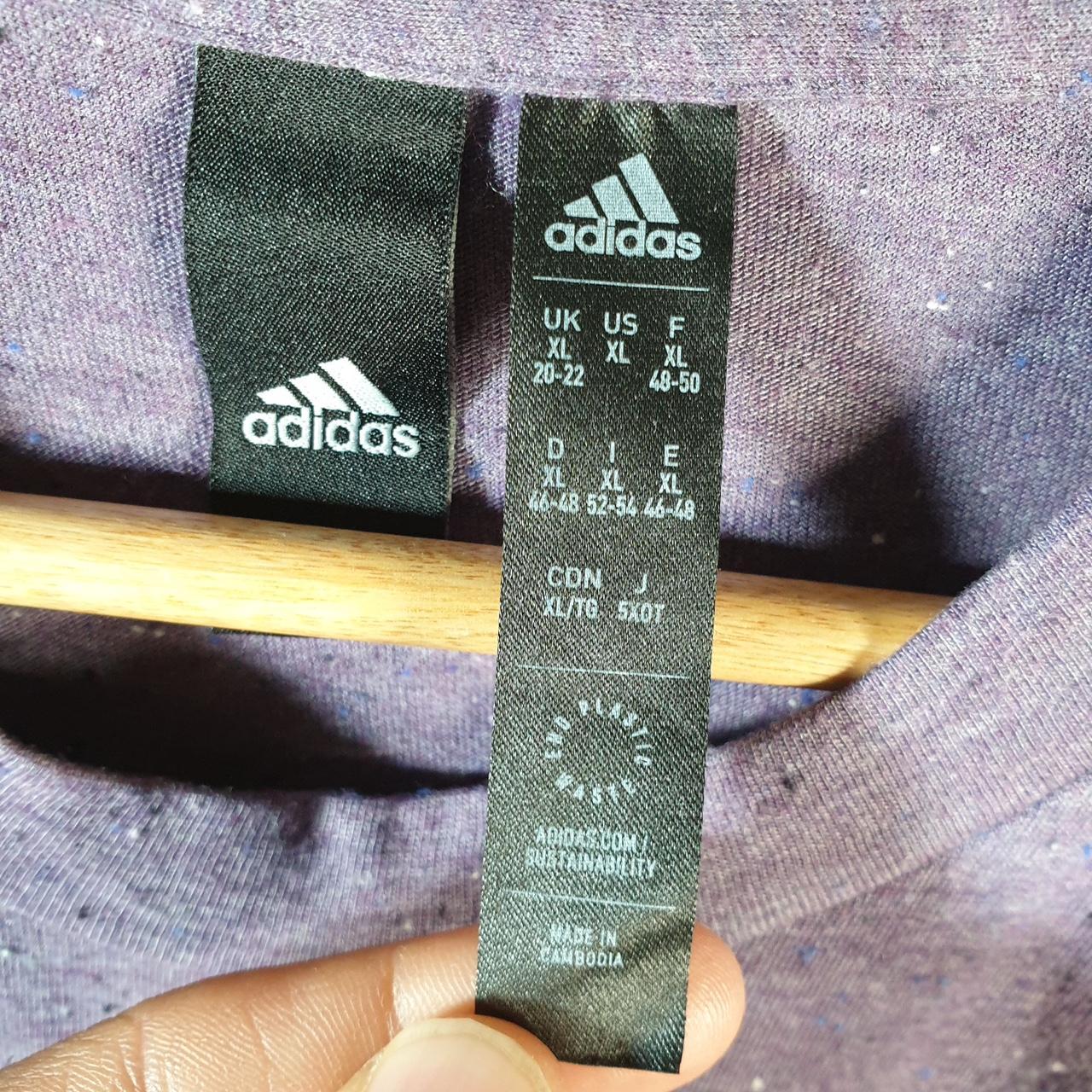 Vintage Adidas Spell out Sustainable T Shirt Womens XL Purple Three Stripes Logo Athletic