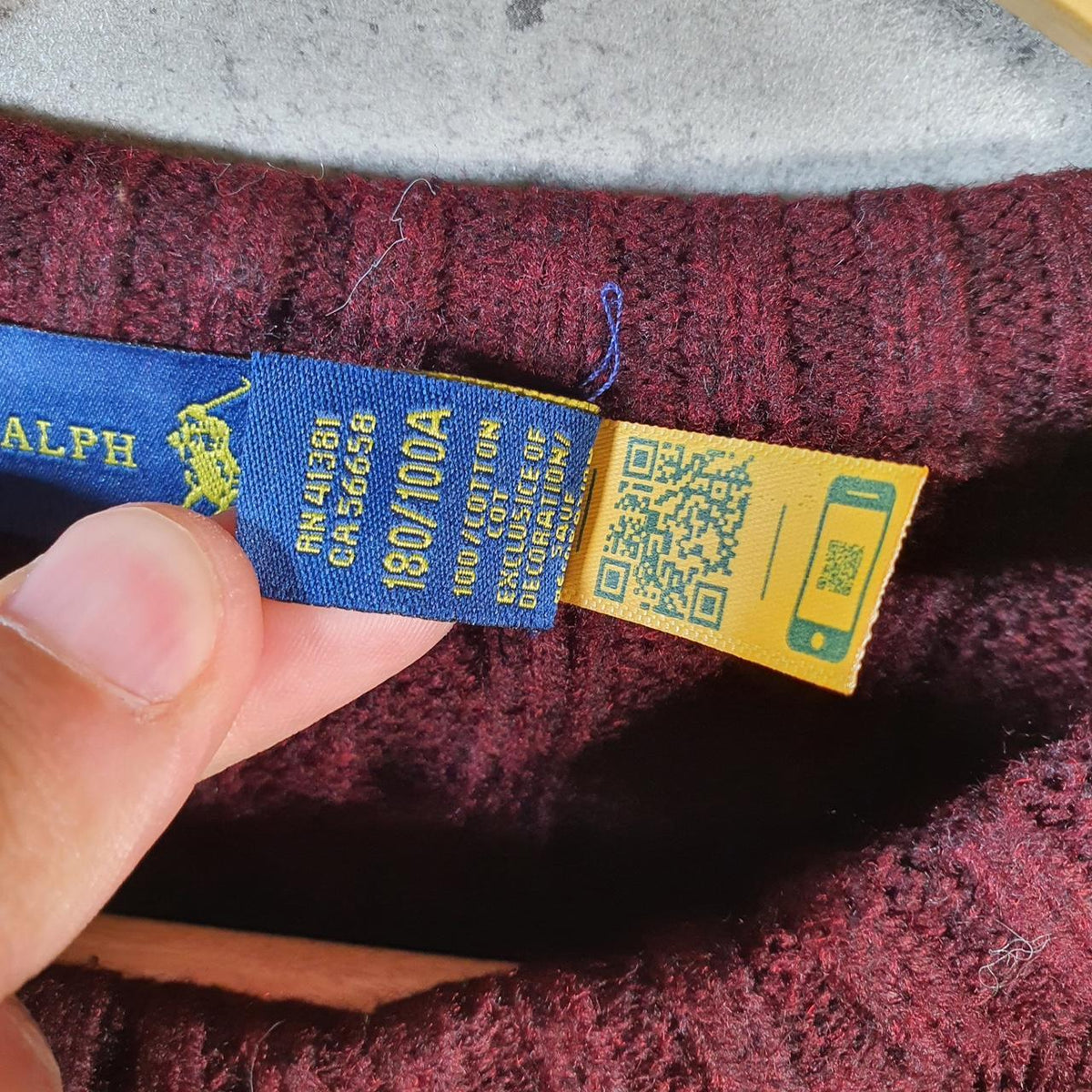 Vintage Ralph Lauren Polo Cable Knit Heavyweight Sweatshirt Womens Medium Burgundy Red Pony C8846
