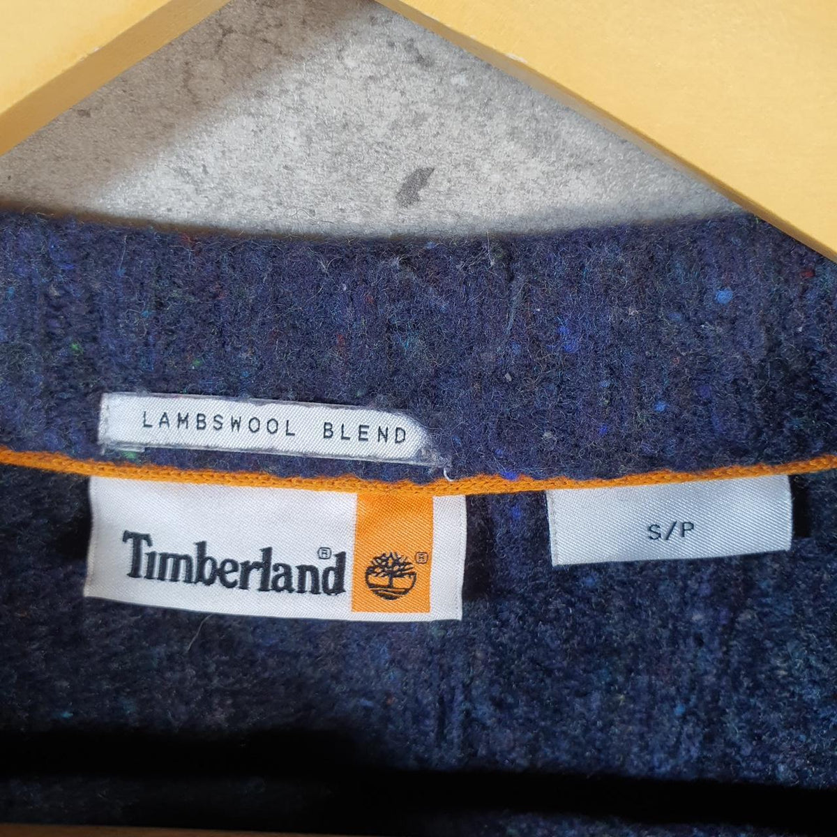 Vintage Timberland Lambswool Blend Knit Sweater Womens Small Navy Blue Logo