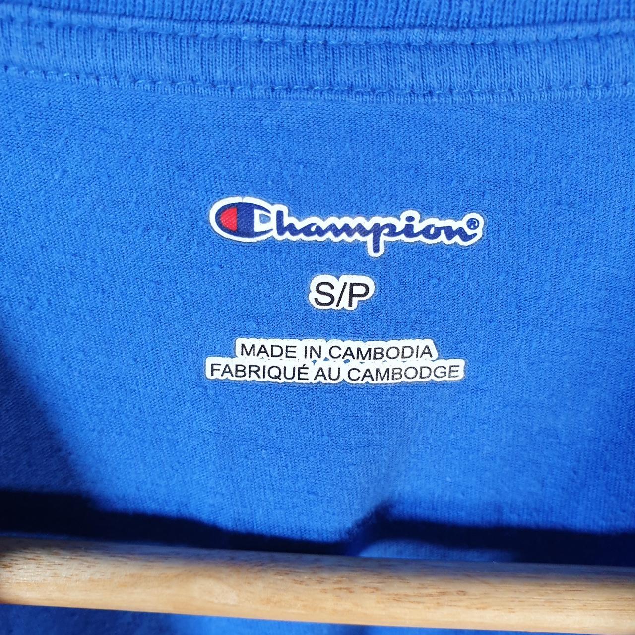 Vintage Champion Spellout Logo T Shirt Mens Small Blue USA Athletic