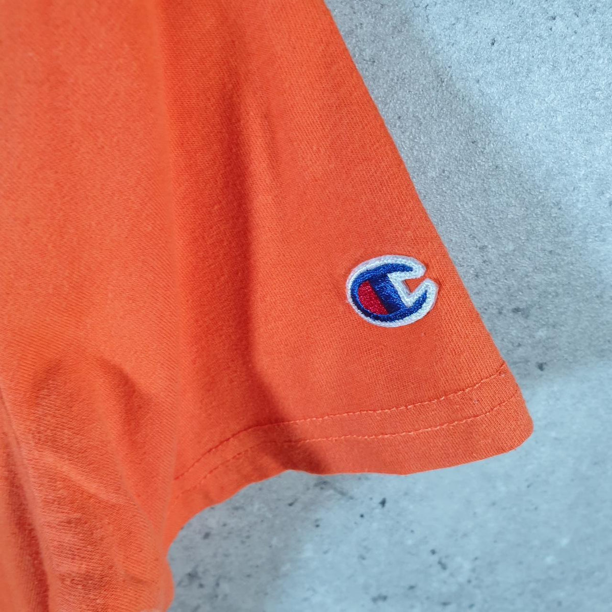 Vintage Champion Embroidered Spellout T Shirt Men’s Small Orange USA Athletic