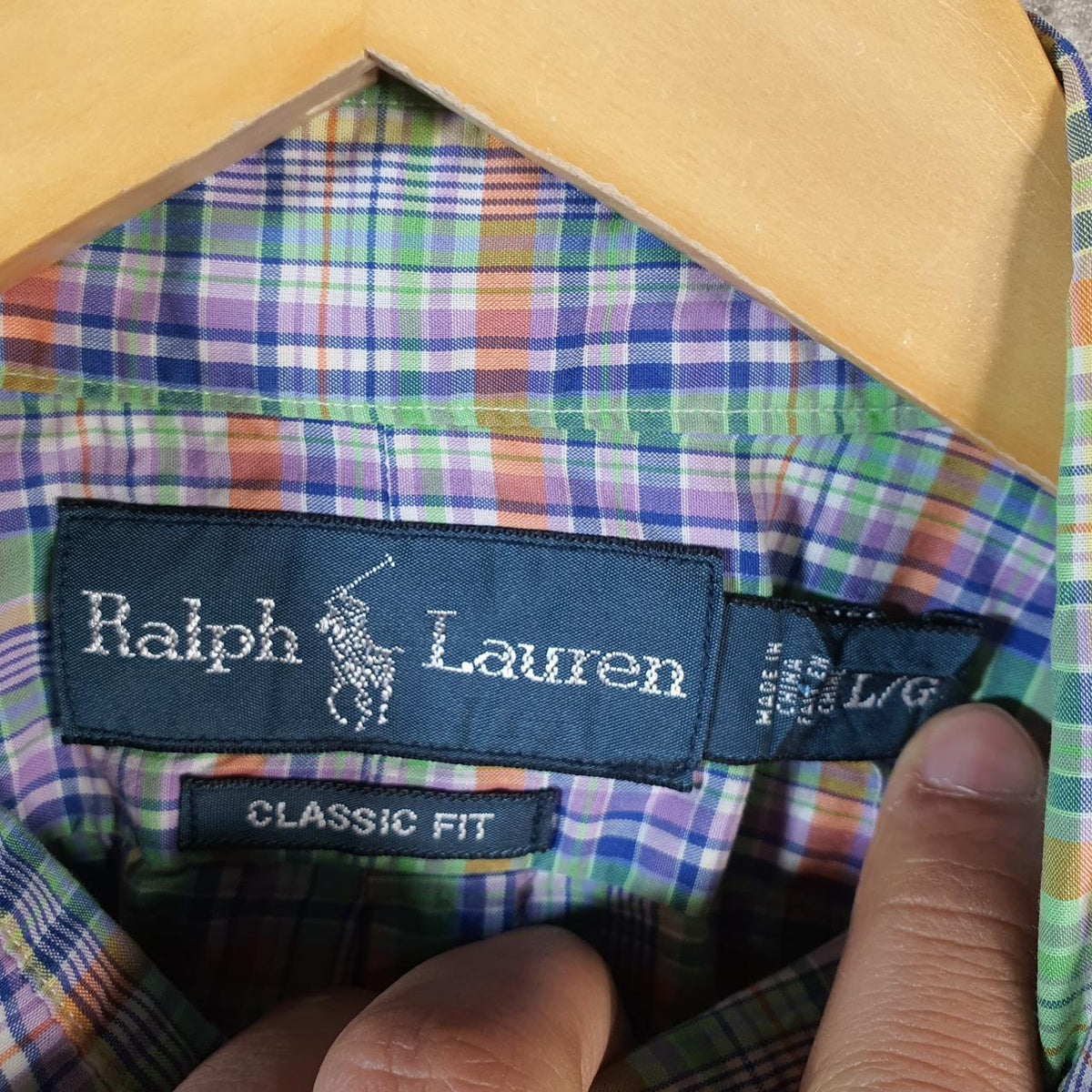 Vintage Ralph Lauren Button Down Shirt Men’s Large Blue Checkered Classic Fit Cotton Pony Big Fish Vintage