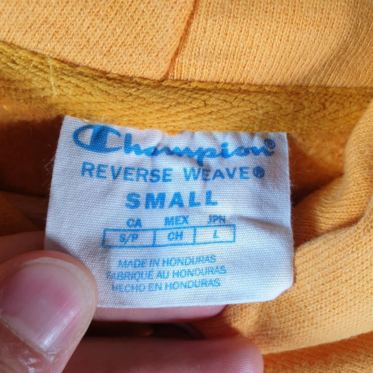 Vintage Champion Reverse Weave Hoodie Men’s Small Yellow Pullover Spellout Logo
