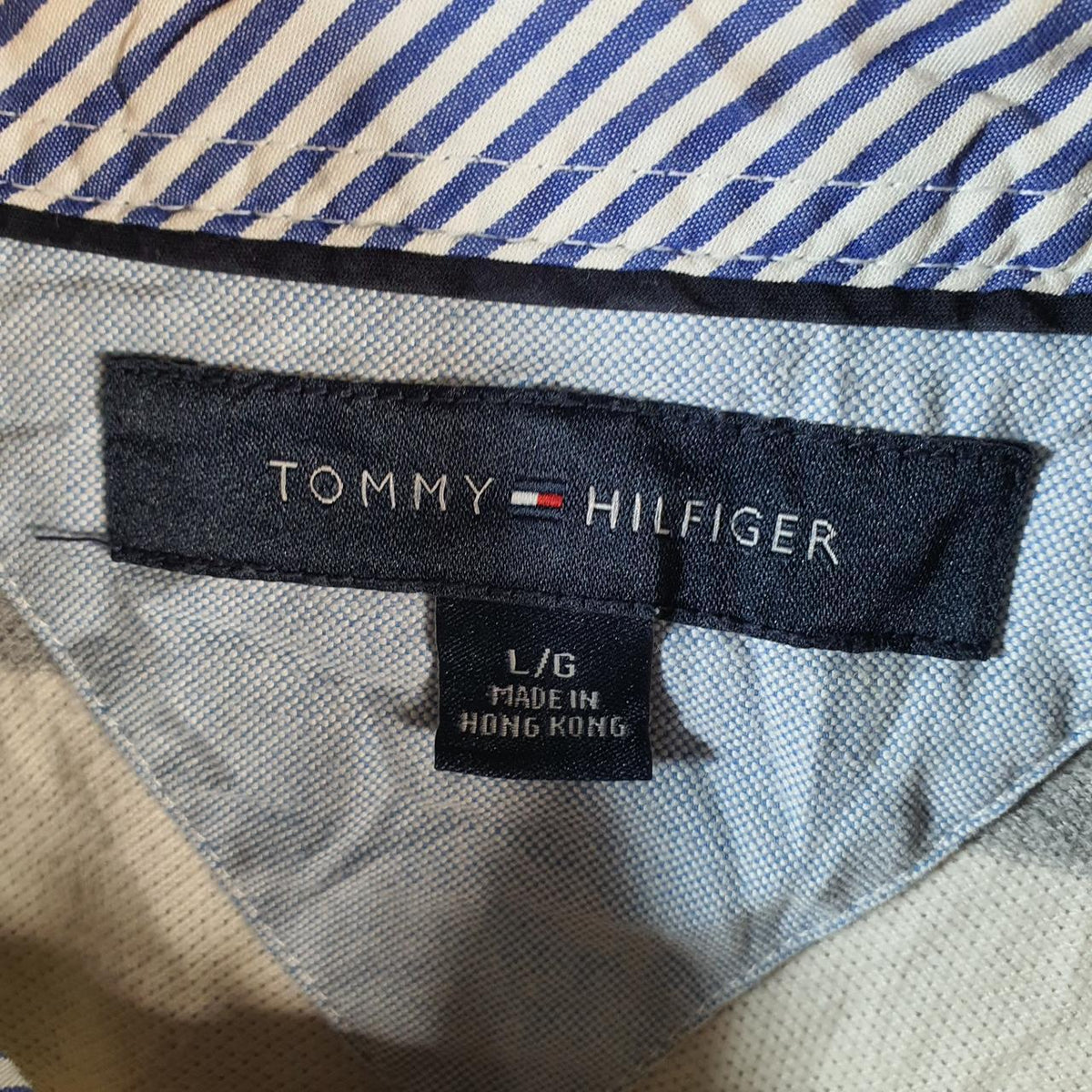 Vintage Tommy Hilfiger Polo Shirt Men’s Large White Striped Custom Fit Embroidered Logo