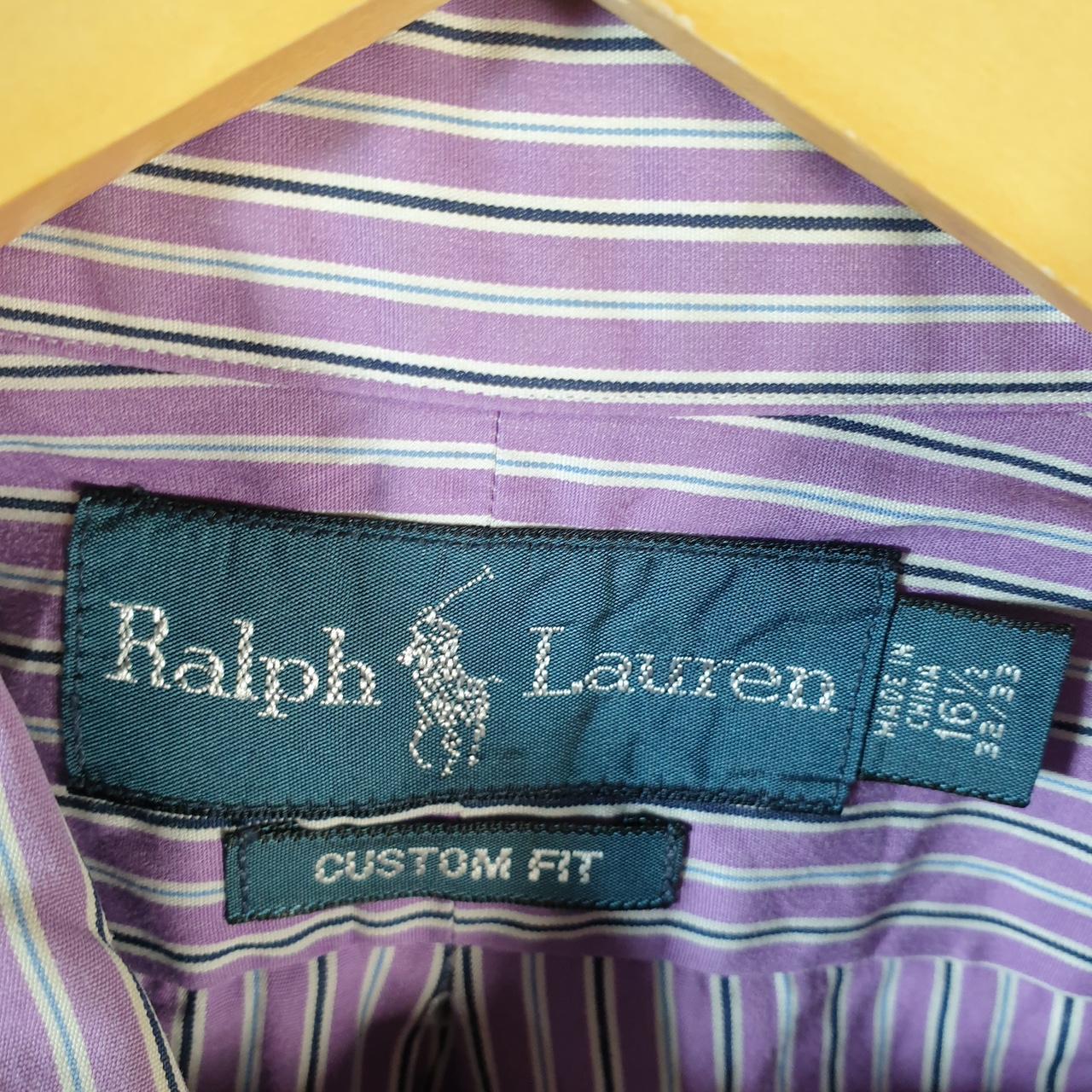 Vintage Ralph Lauren Button Down Shirt Men’s Large Purple Striped Custom Fit Cotton Pony