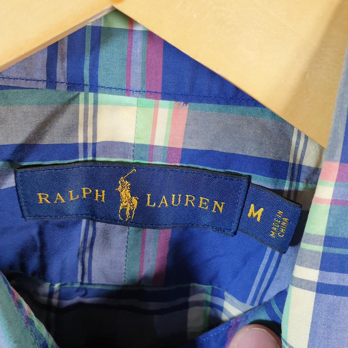 Vintage Ralph Lauren Button Down Shirt Men’s Medium Blue Checkered Short Sleeve Cotton Pony
