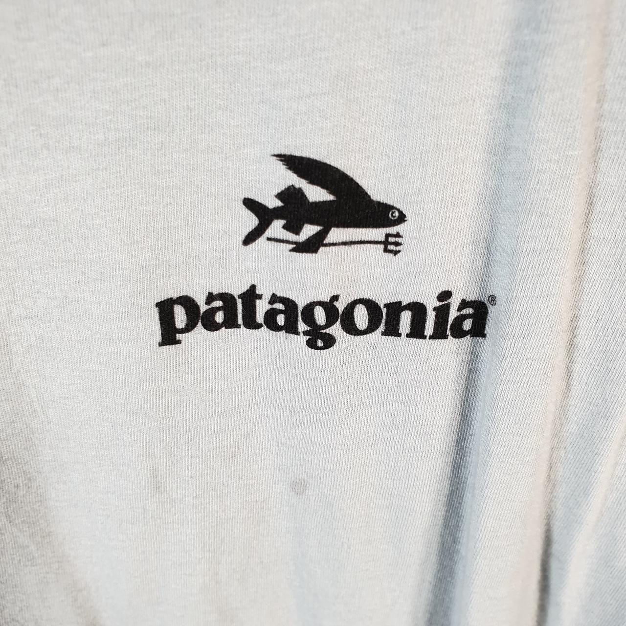 Vintage Patagonia Fish Surf Oil T Shirt Womens Large Blue Regular Fit Spellout Logo Big Fish Vintage