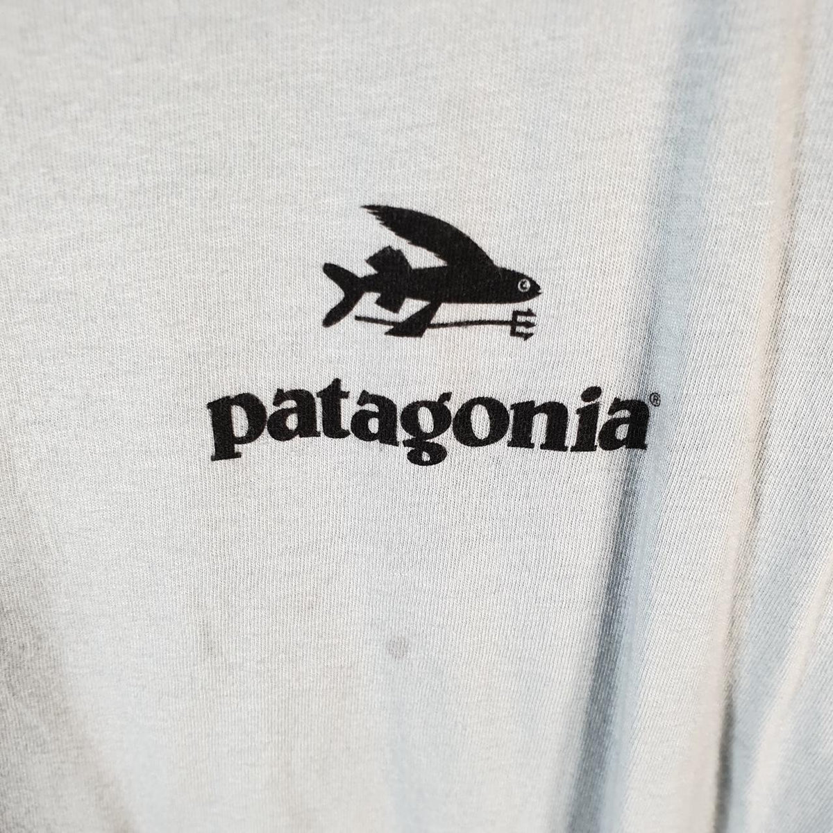 Vintage Patagonia Fish Surf Oil T Shirt Womens Large Blue Regular Fit Spellout Logo Big Fish Vintage