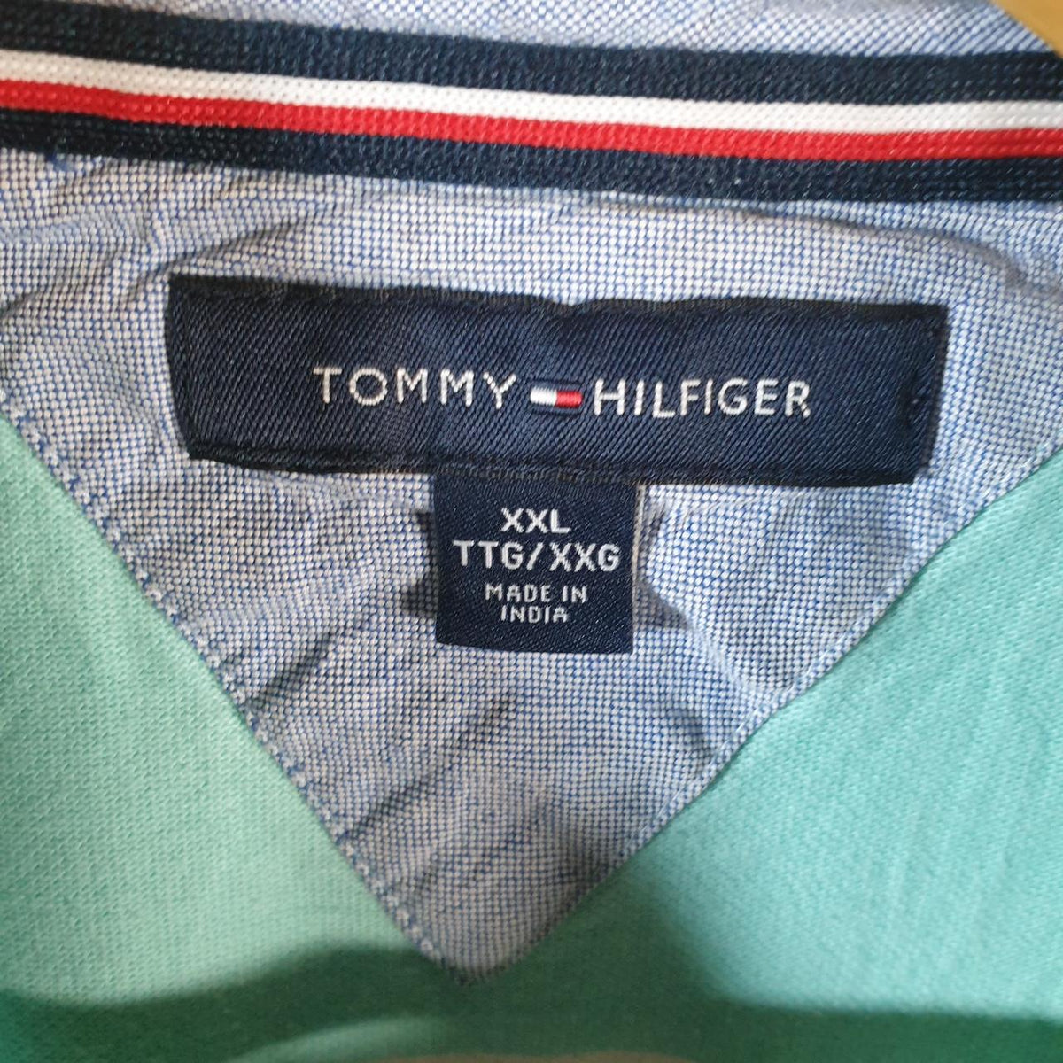 Vintage Tommy Hilfiger Polo Shirt Men’s 2Xl blue Striped Regular Fit Embroidered Logo