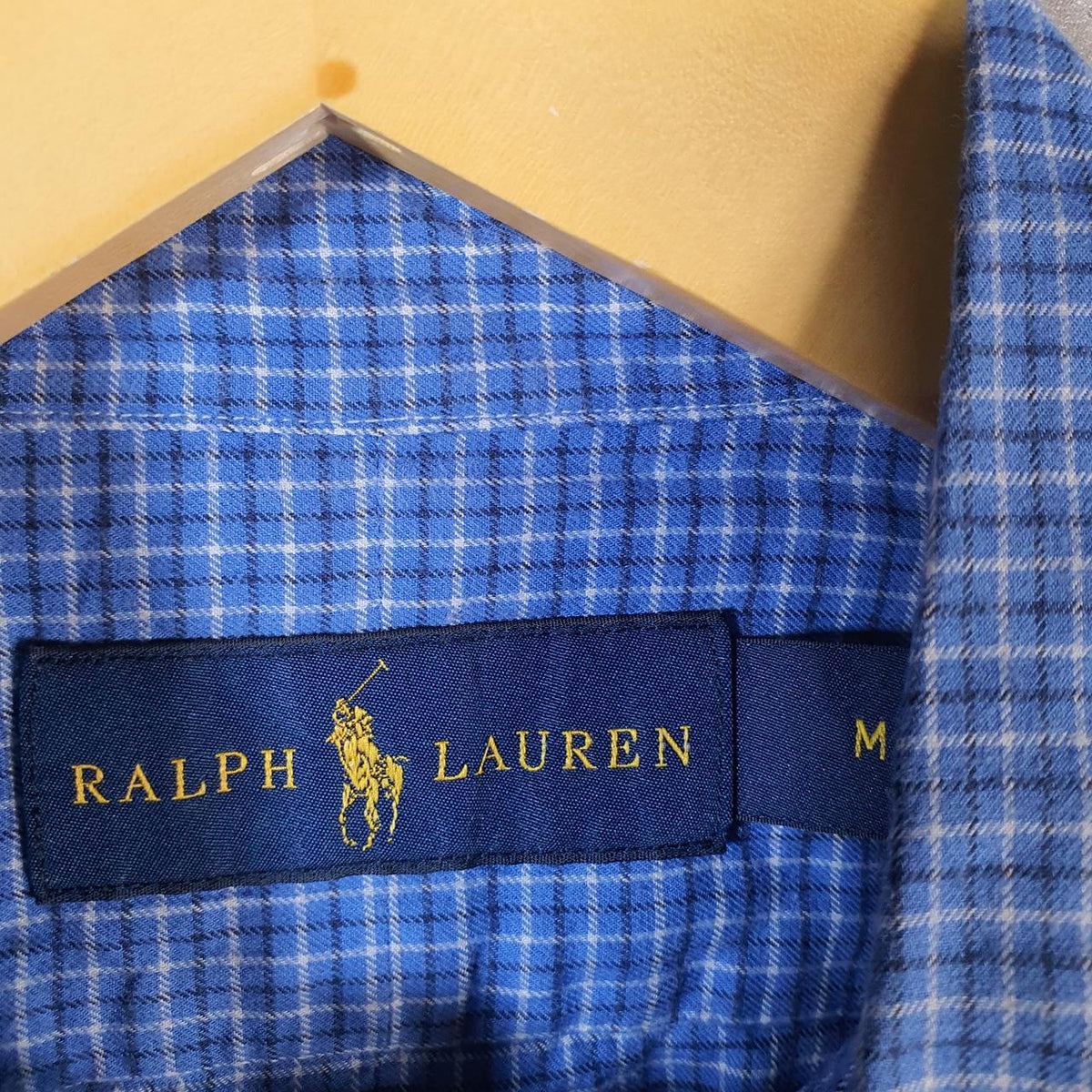 Vintage Ralph Lauren Button Down Shirt Mens Medium Blue Checkered Cotton Pony