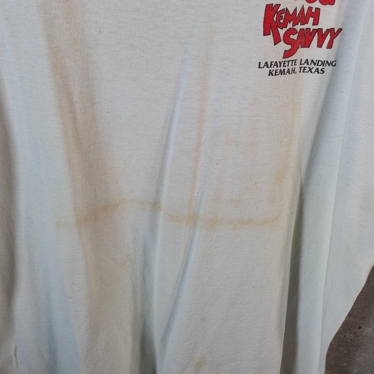 Vintage Fruit of the Loom Kemah Savvy Texas 90s USA Single Stitch T Shirt Men’s Large White Big Fish Vintage