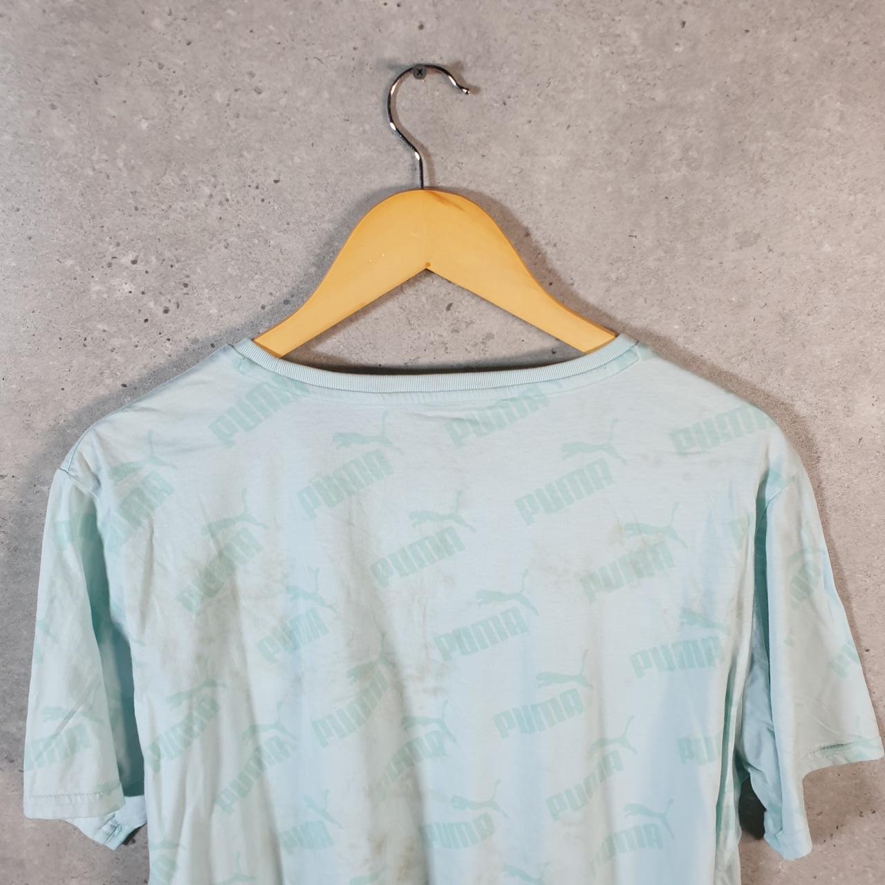 Vintage Puma Spellout T Shirt Womens Blue Large All Over Print Logo Athletic C9696