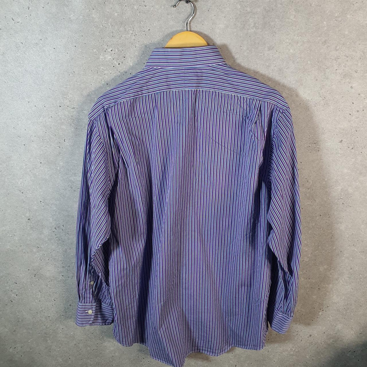 Vintage Ralph Lauren Button Down Shirt Men’s Large Purple Striped Regent Custom Fit Cotton