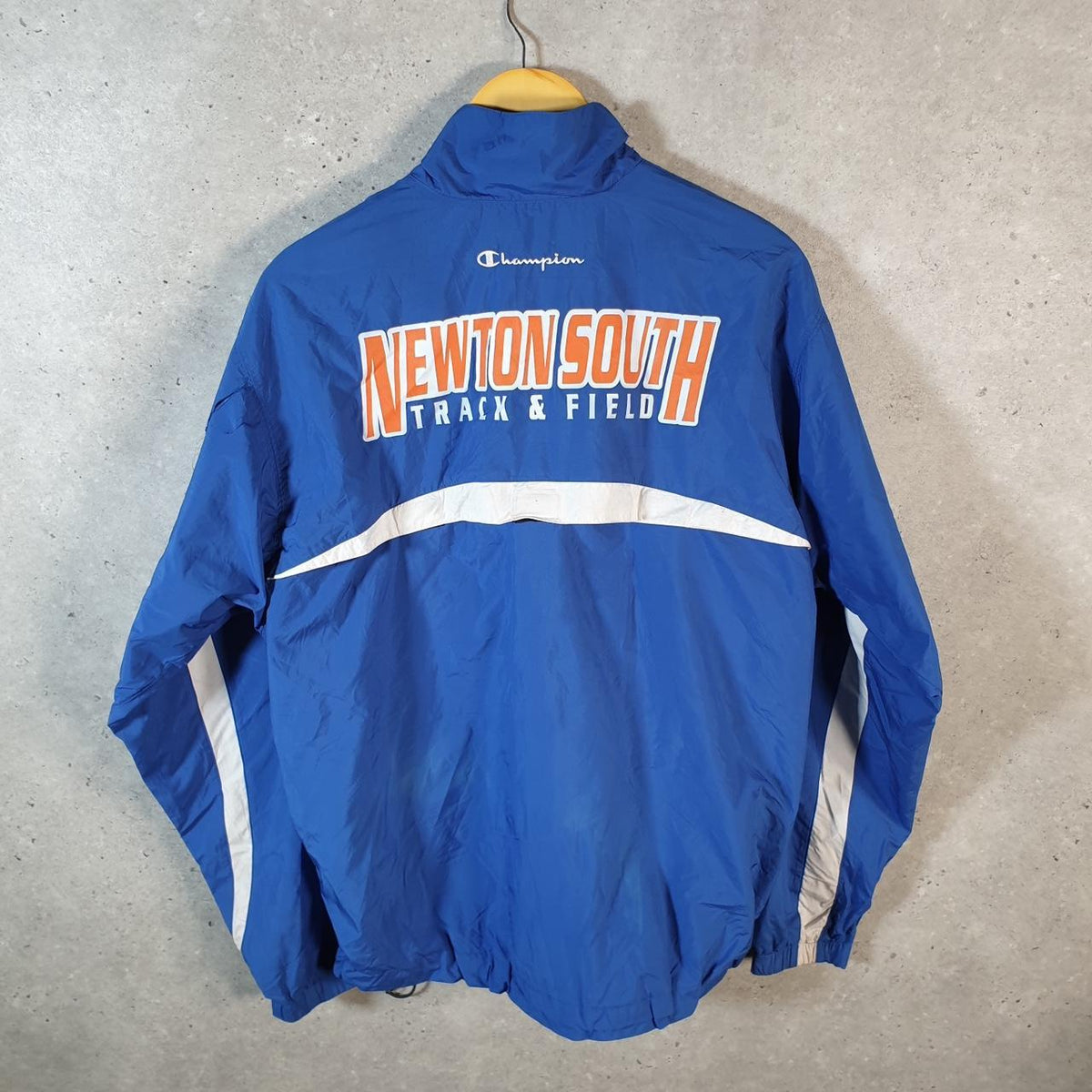 Vintage Champion Windbreaker Track Jacket Mens Medium Blue Logo Full Zip Newton