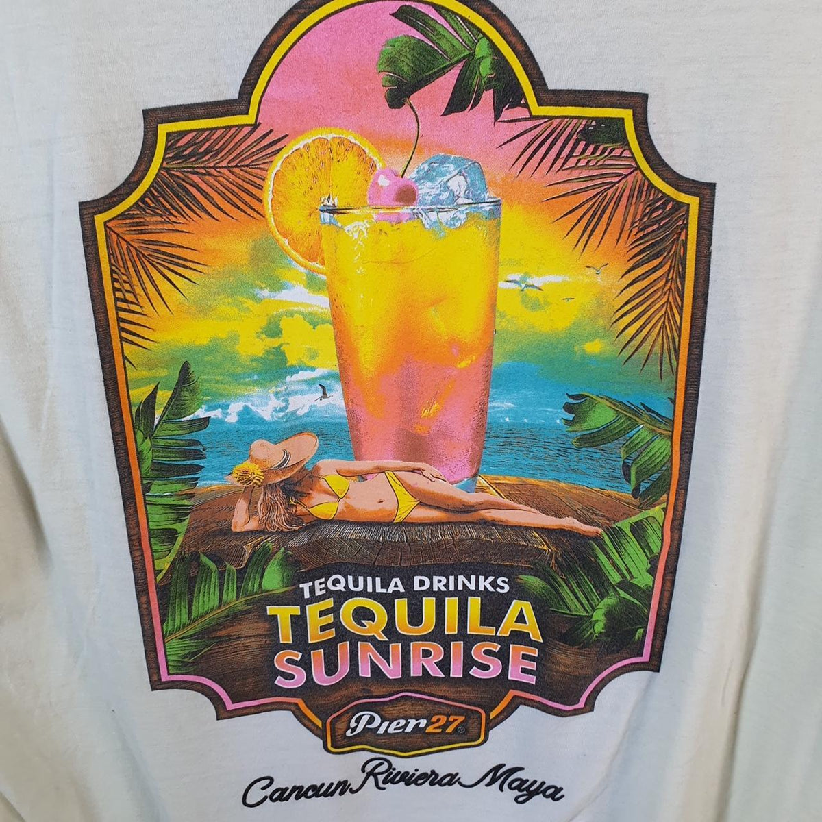 Vintage Pier27 Tequila Sunrise Cancun Riviera Maya T Shirt Men’s XL White Casual Logo