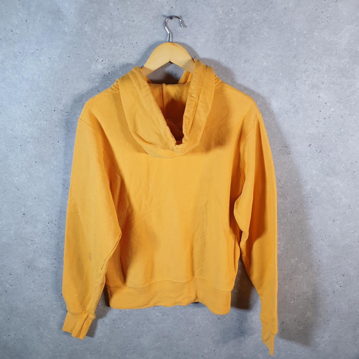 Vintage Champion Reverse Weave Hoodie Men’s Small Yellow Pullover Spellout Logo
