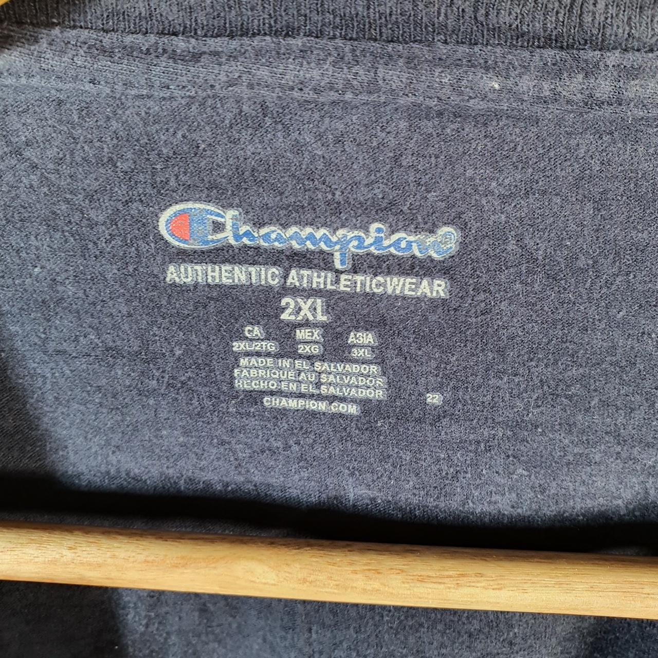 Vintage Champion Spellout Embroidered T Shirt Men’s 2XL Navy Blue Casual Blank Athletic