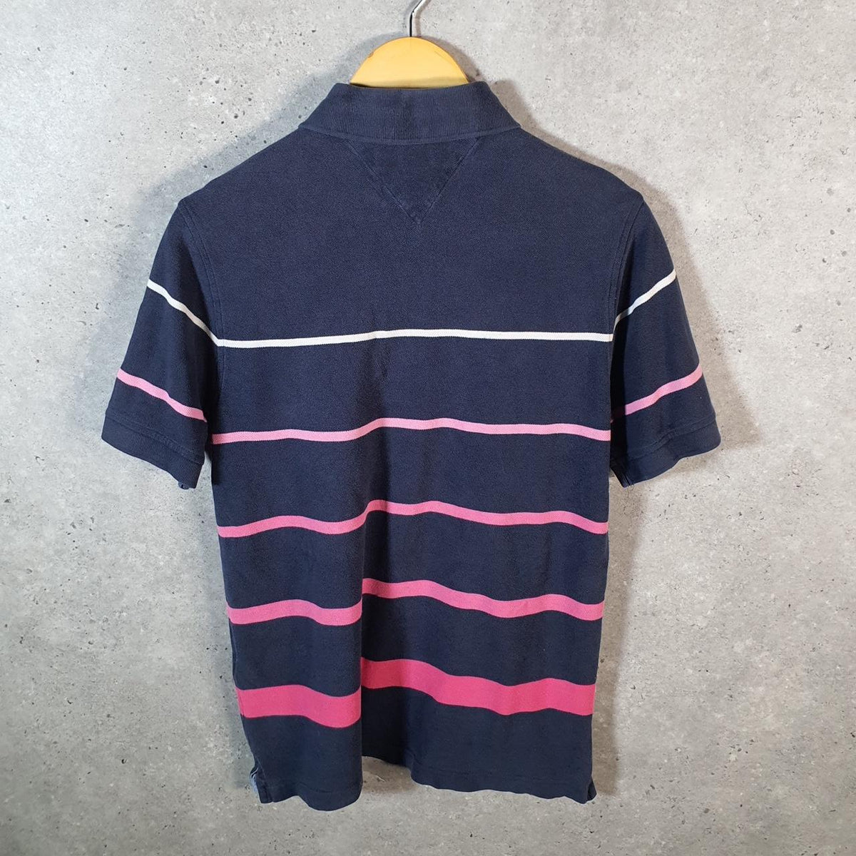 Vintage Tommy Hilfiger Polo Shirt Men’s Medium Navy Blue Striped Custom Fit Embroidered Logo