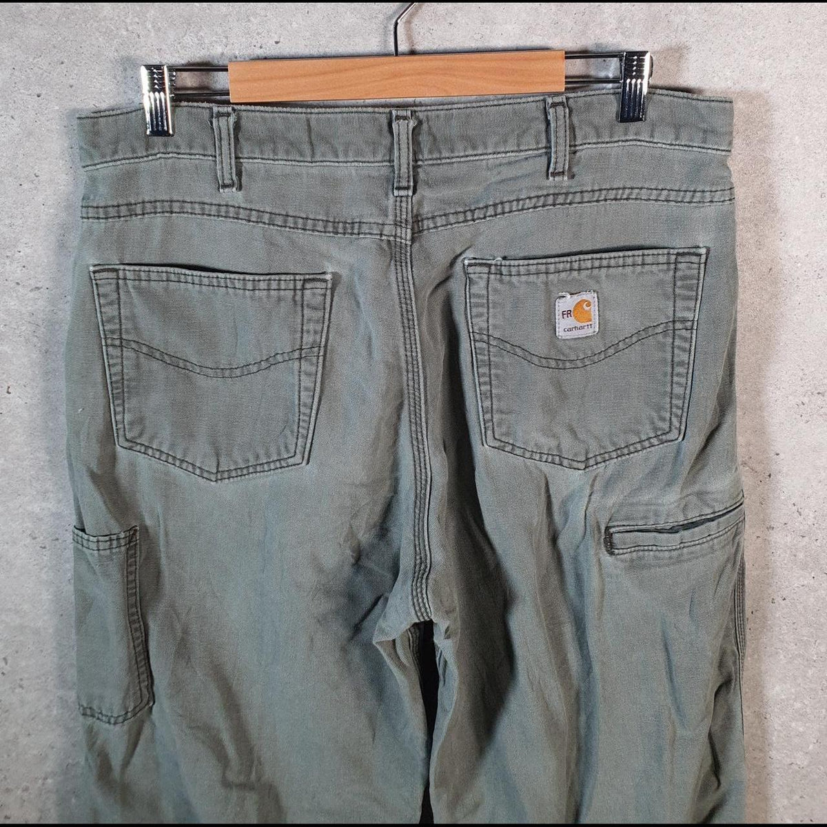 Vintage Carhartt Carpenter FR Trousers Mens W36 L32 Khaki Green Relaxed Fit Workwear USA