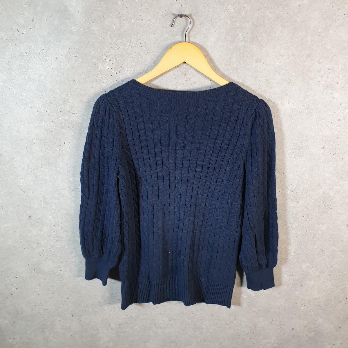 Vintage Ralph Lauren Cable Knit Sweater Womens Medium Navy Blue 1/4 Button Pullover