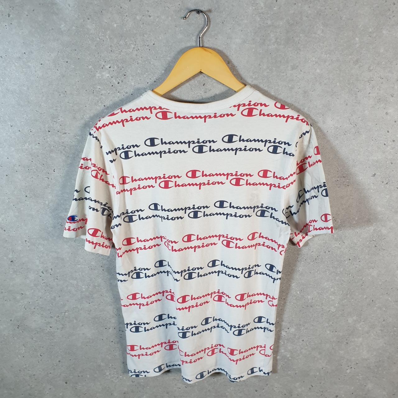 Vintage Champion AOP Spellout Logo T Shirt Mens Small White USA Athletic