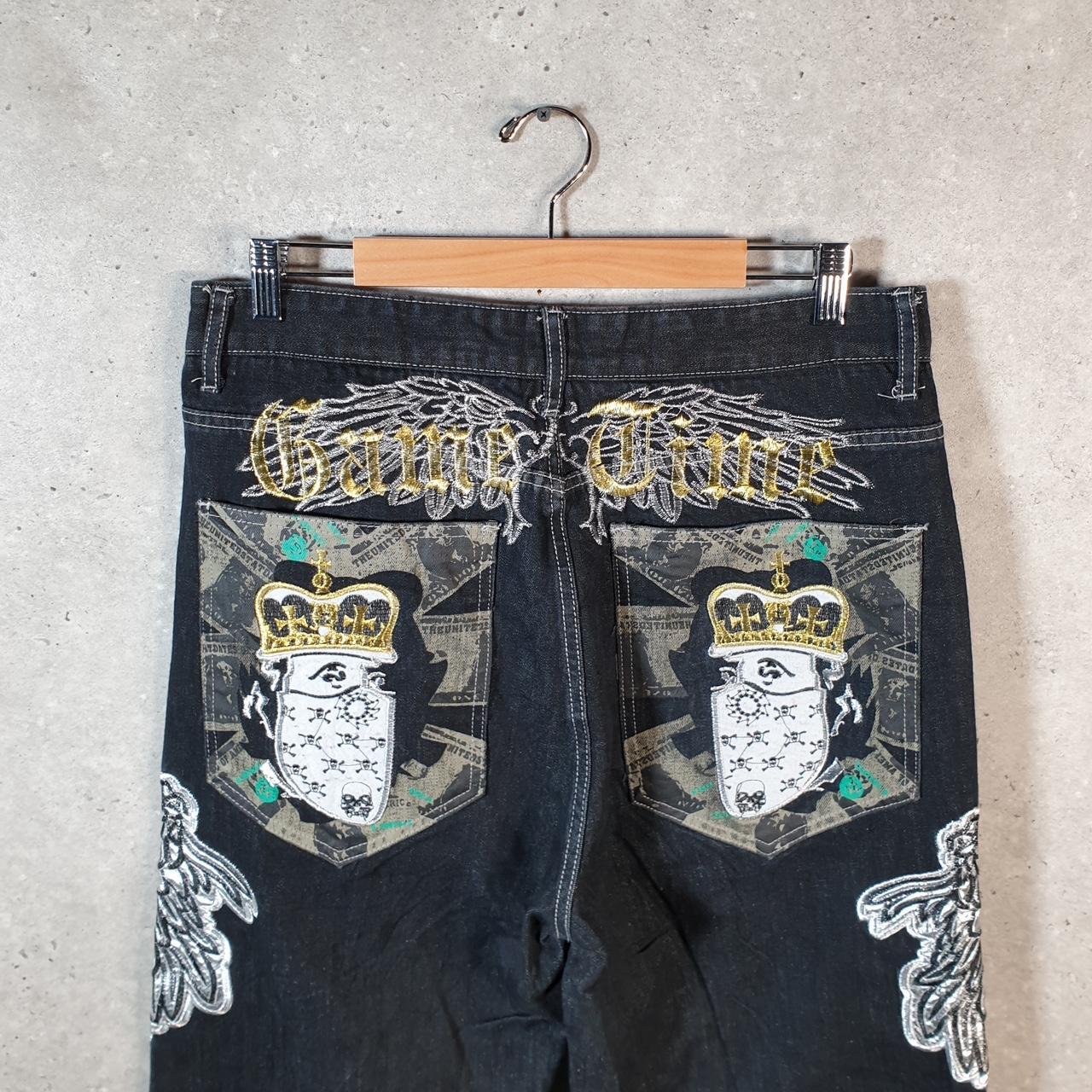 Vintage Game Time Baggy Y2K Hip Hop Jeans Mens W34 L30 Blue Denim Skulls Big Fish Vintage