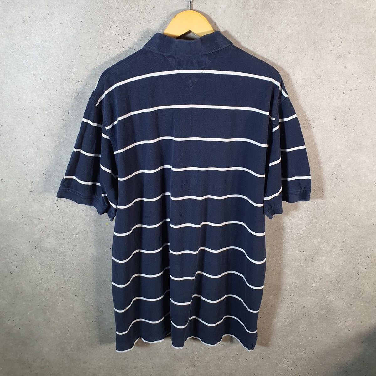 Vintage Tommy Hilfiger Polo Shirt Men’s 2XL Navy Blue Striped Custom Fit Embroidered Logo