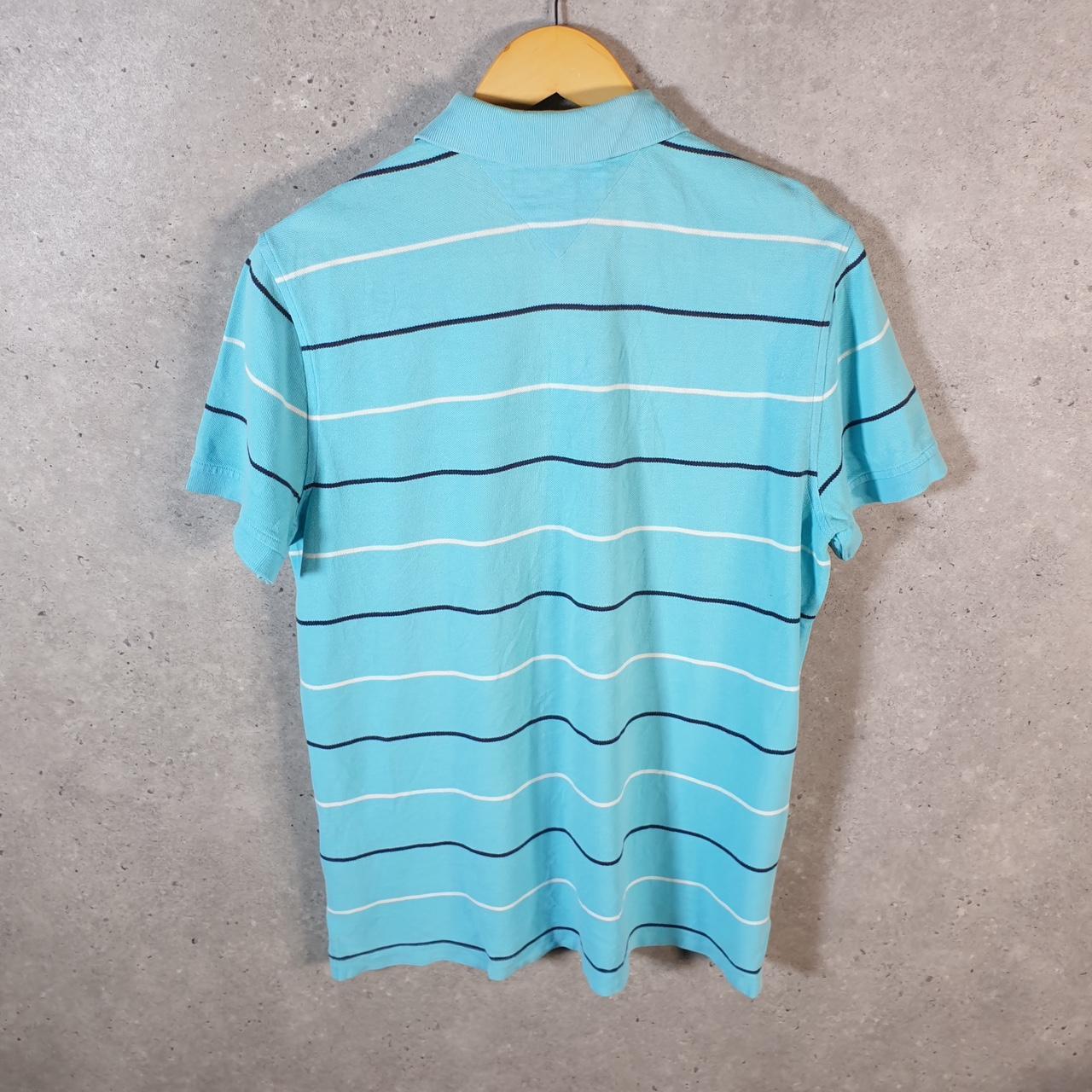 Vintage Tommy Hilfiger Polo Shirt Men’s Medium Blue Striped Custom Fit Embroidered Logo