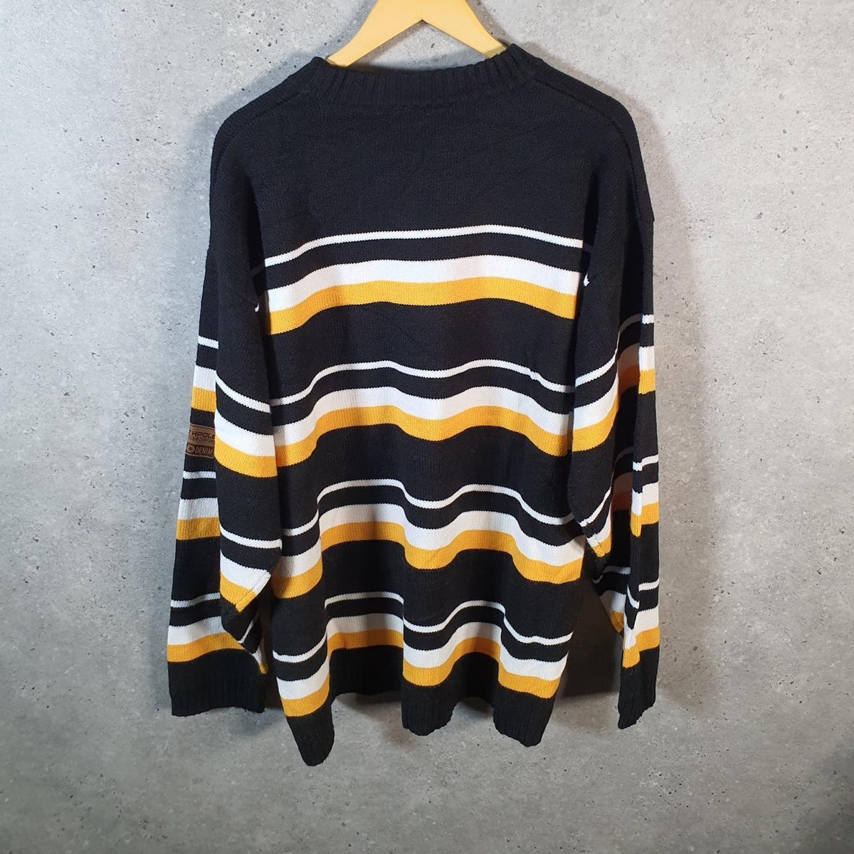 Vintage SouthPole Y2K Spellout Knit Sweater Jumper Mens XL Black Striped Pullover Hip Hop