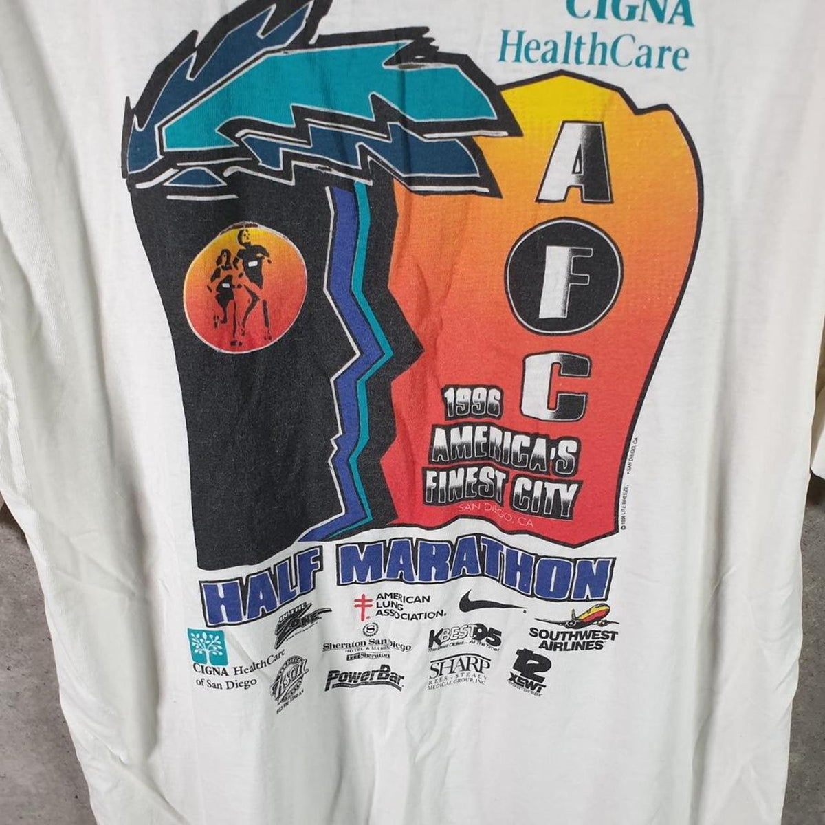 Vintage Oneita PowerPro San Diego 1996 5k T Single Stitch T Shirt Men’s Large White Big Fish Vintage