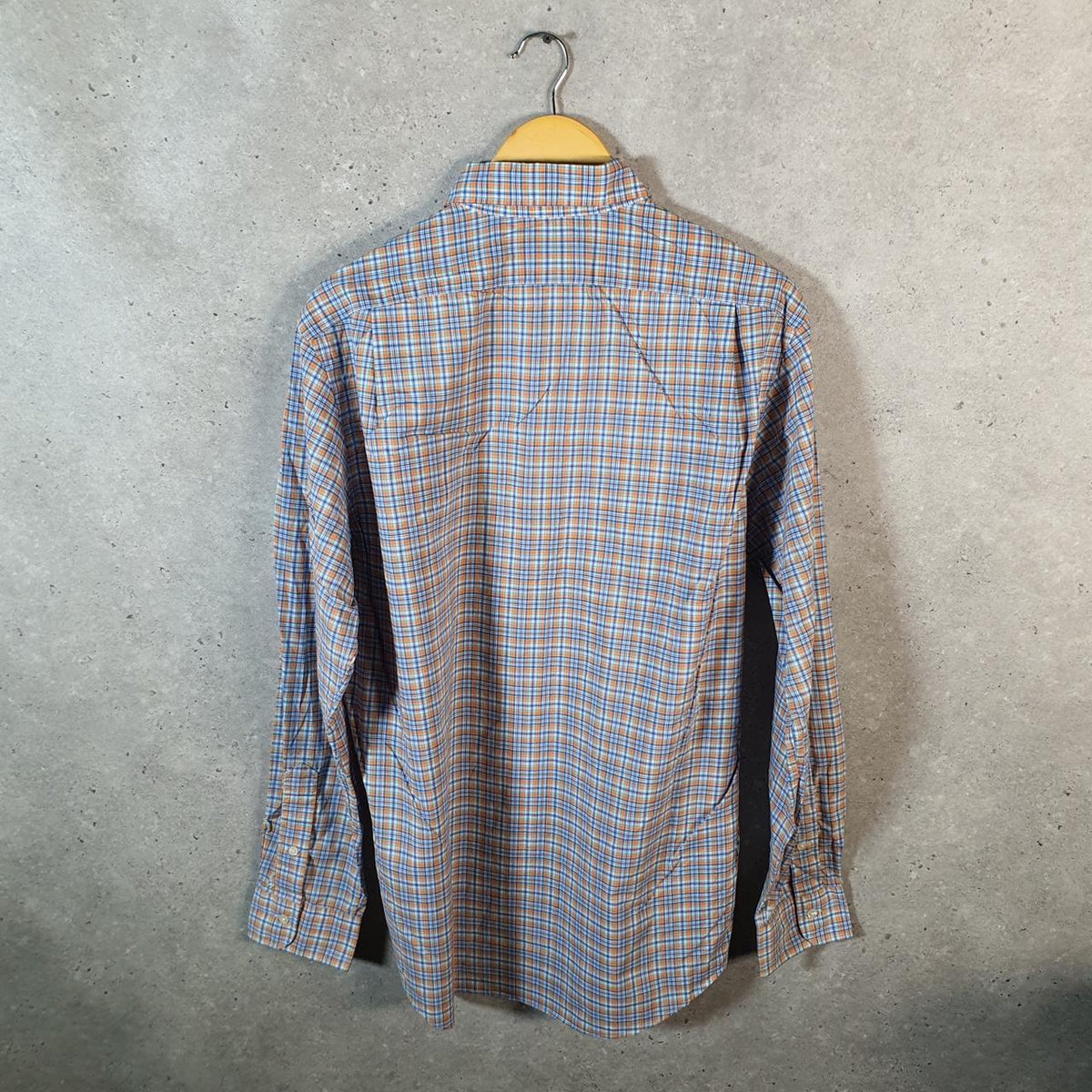 Vintage Ralph Lauren Button Down Shirt Mens Large Blue Checkered Stretch Fit Cotton Pony