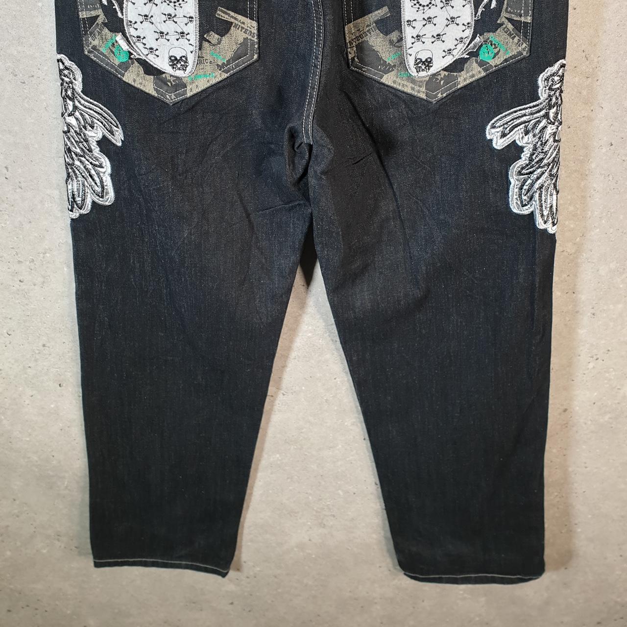 Vintage Game Time Baggy Y2K Hip Hop Jeans Mens W34 L30 Blue Denim Skulls Big Fish Vintage